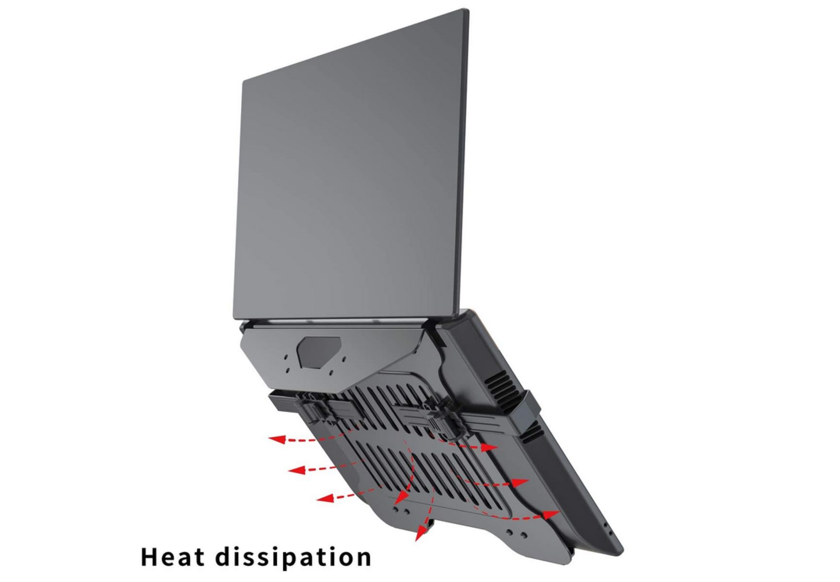 Ein Laptop mit Kühlständer. Pfeile zeigen den Luftstrom zur Wärmeableitung, auf weißem Hintergrund.
