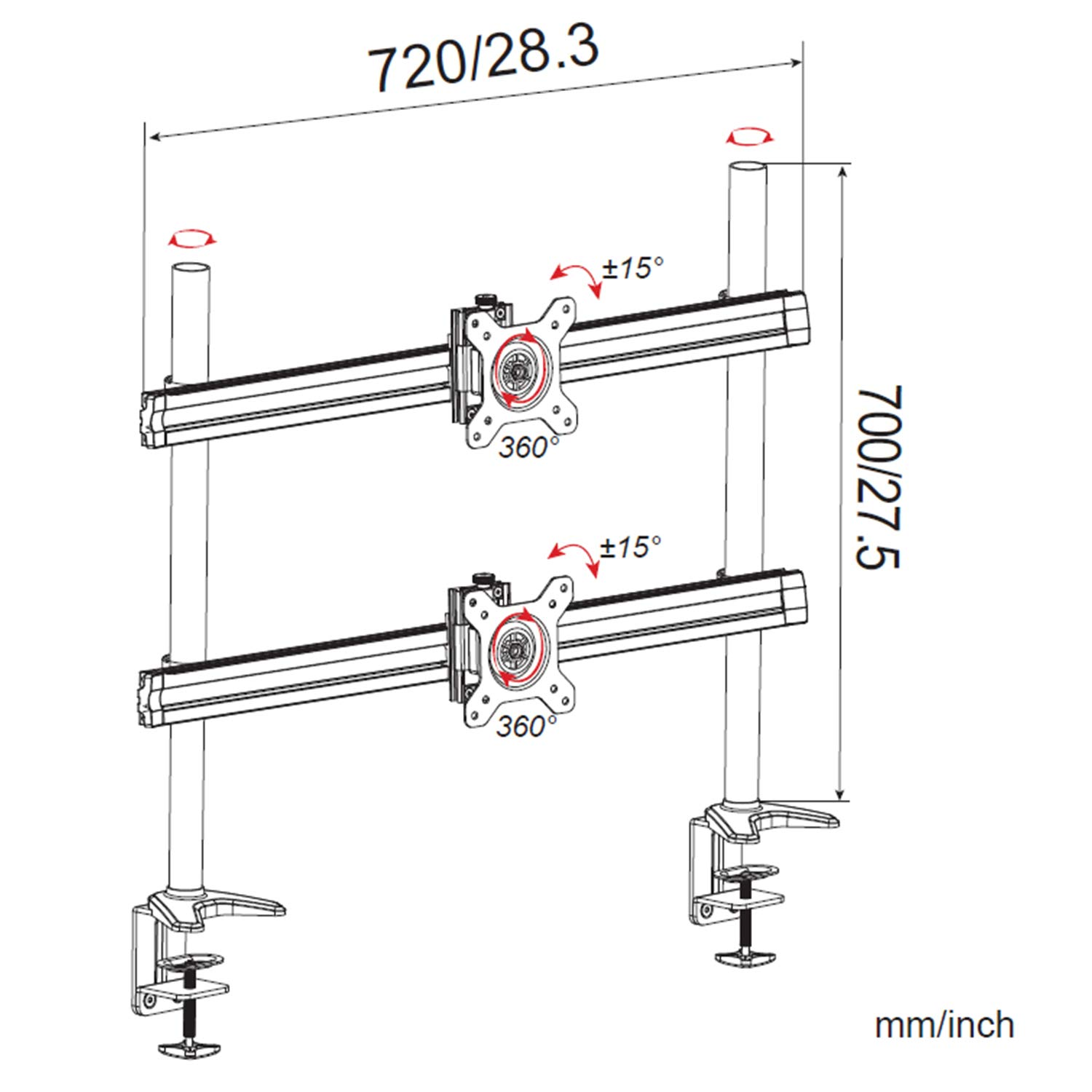 Zwei Monitorarme mit Abmessungen. Jeder Arm hat eine Monitorhalterung und eine Klemme.