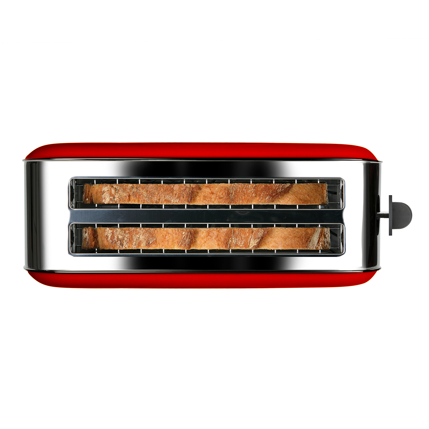 Una tostadora roja con dos rebanadas de pan tostado en su interior.