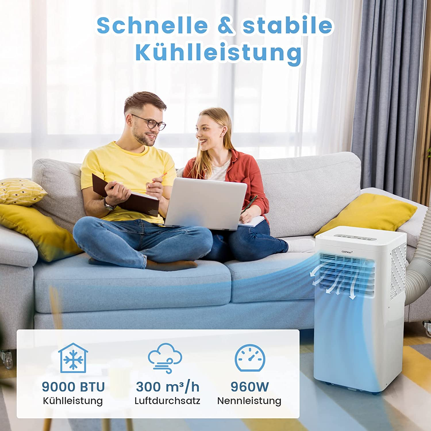 Paar auf Couch mit tragbarem Klimagerät. Text über Kühlleistung.