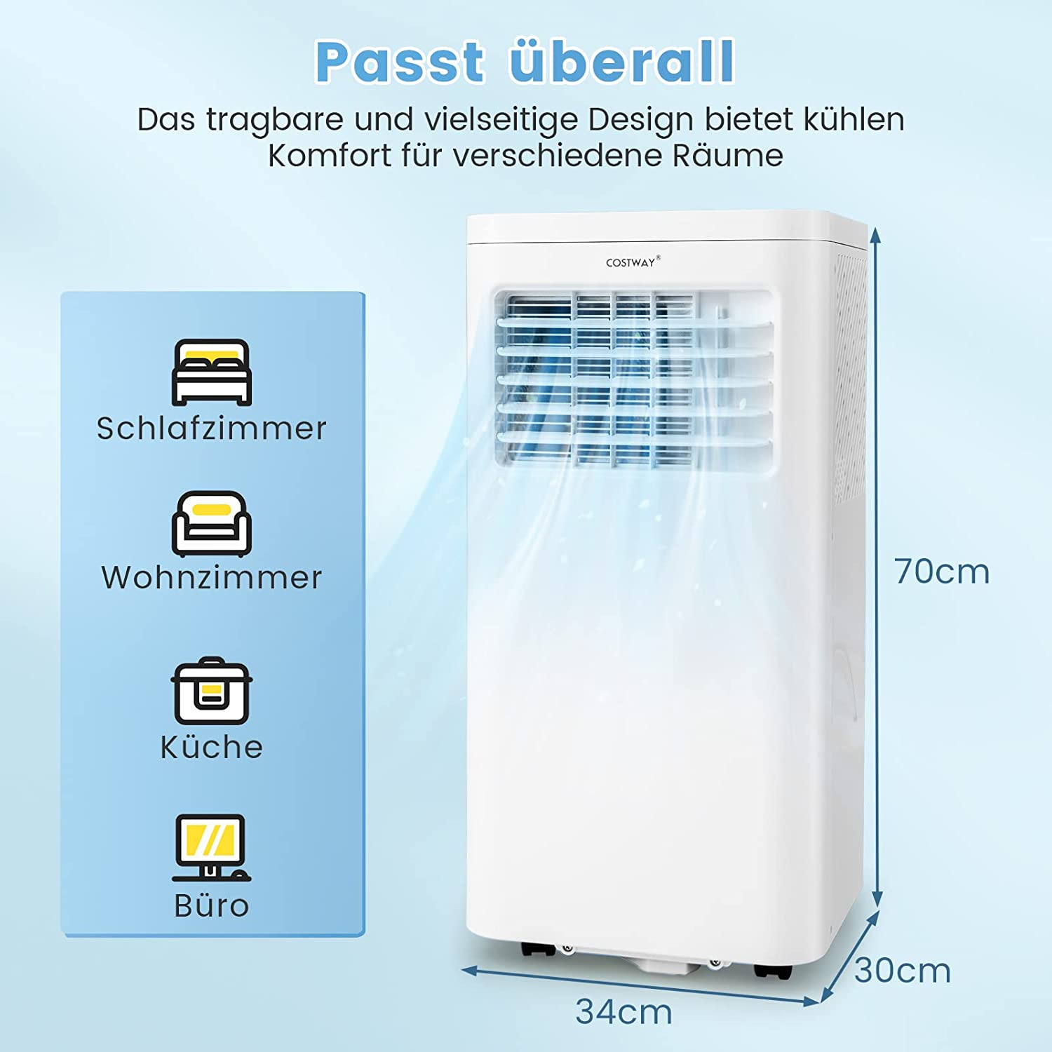Weißer tragbarer Klimaanlage. Abmessungen und Standortsymbole werden gezeigt.