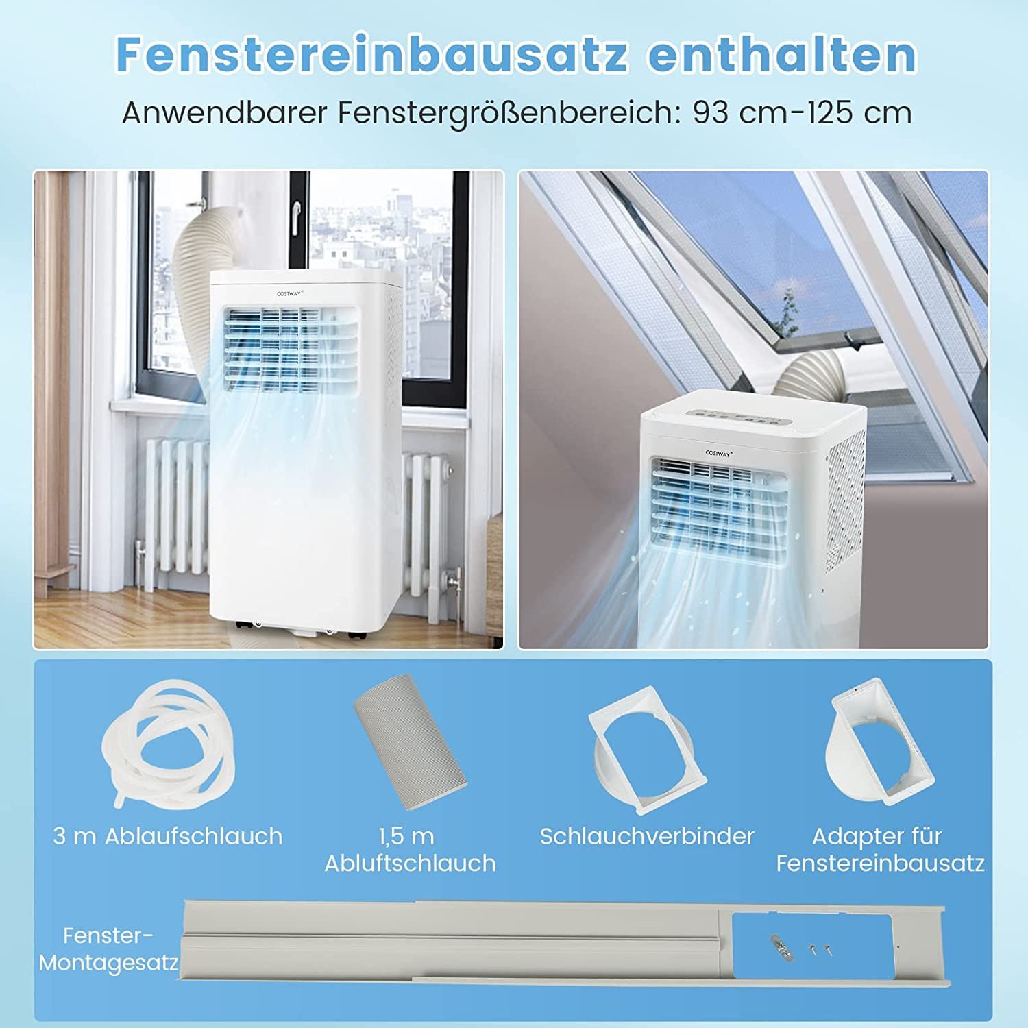 Tragbares Klimagerät mit Fenster-Installationsset, weiße und blaue Töne.