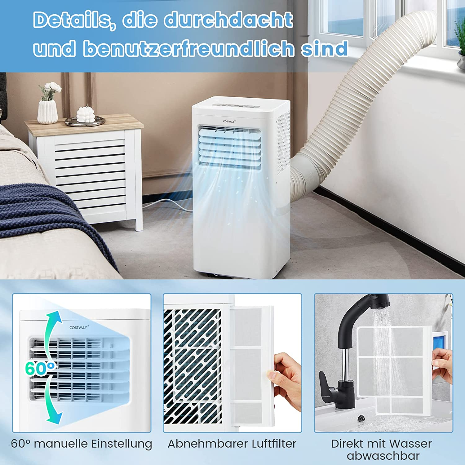 Weißer Klimaanlage mit drei Detailbildern: Verstellbare Lüftung, herausnehmbarer Filter, Wasserreinigung.