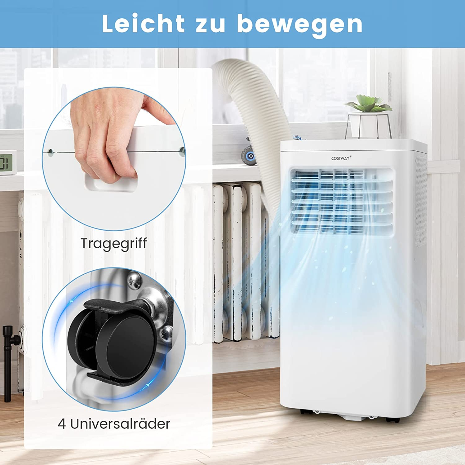 Ein weißes tragbares Klimagerät mit Rädern und Griff, Nahaufnahme der Räder.