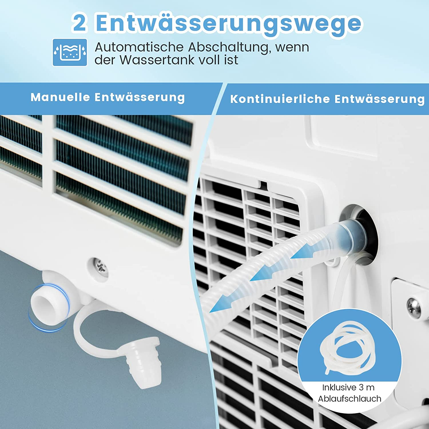 Eine Klimaanlage mit Entwässerungsoptionen, die Wassertank und Schlauch zeigt.