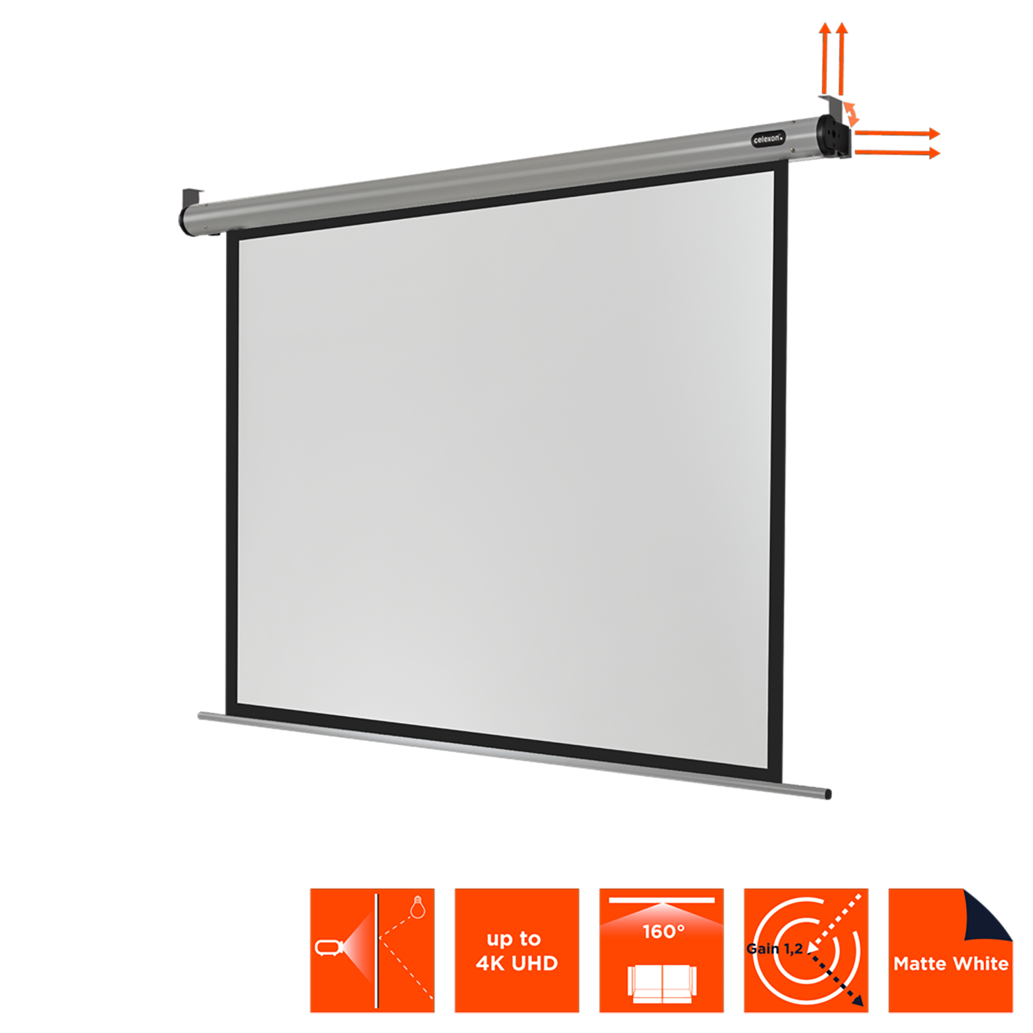 Eine weiße Projektorleinwand mit silbernem Gehäuse, mit Symbolen, die Funktionen wie 4K UHD veranschaulichen.