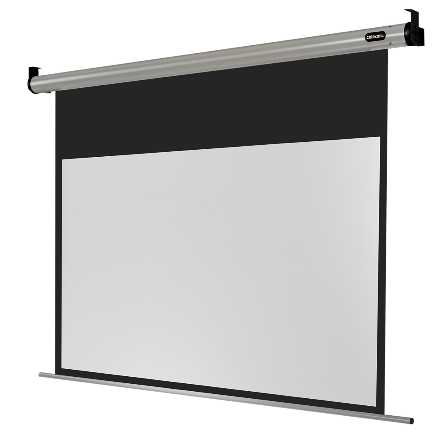 An der Wand montierte Projektorleinwand, schwarze Oberseite, weißer Bildschirm ausgefahren.