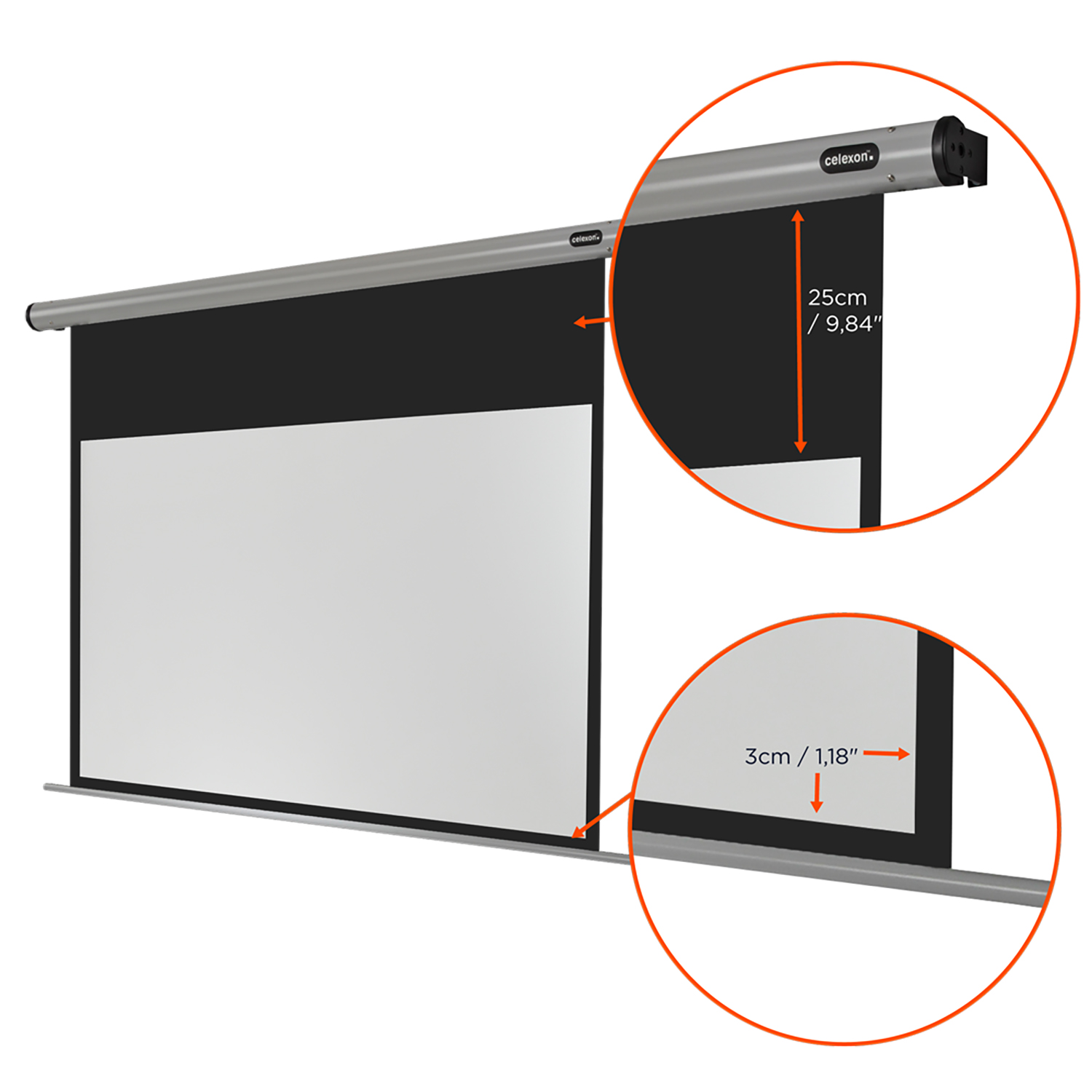 Projektorleinwand, weiße Oberfläche. Die Leinwand ist montiert und hat Maße. Graues Gehäuse.