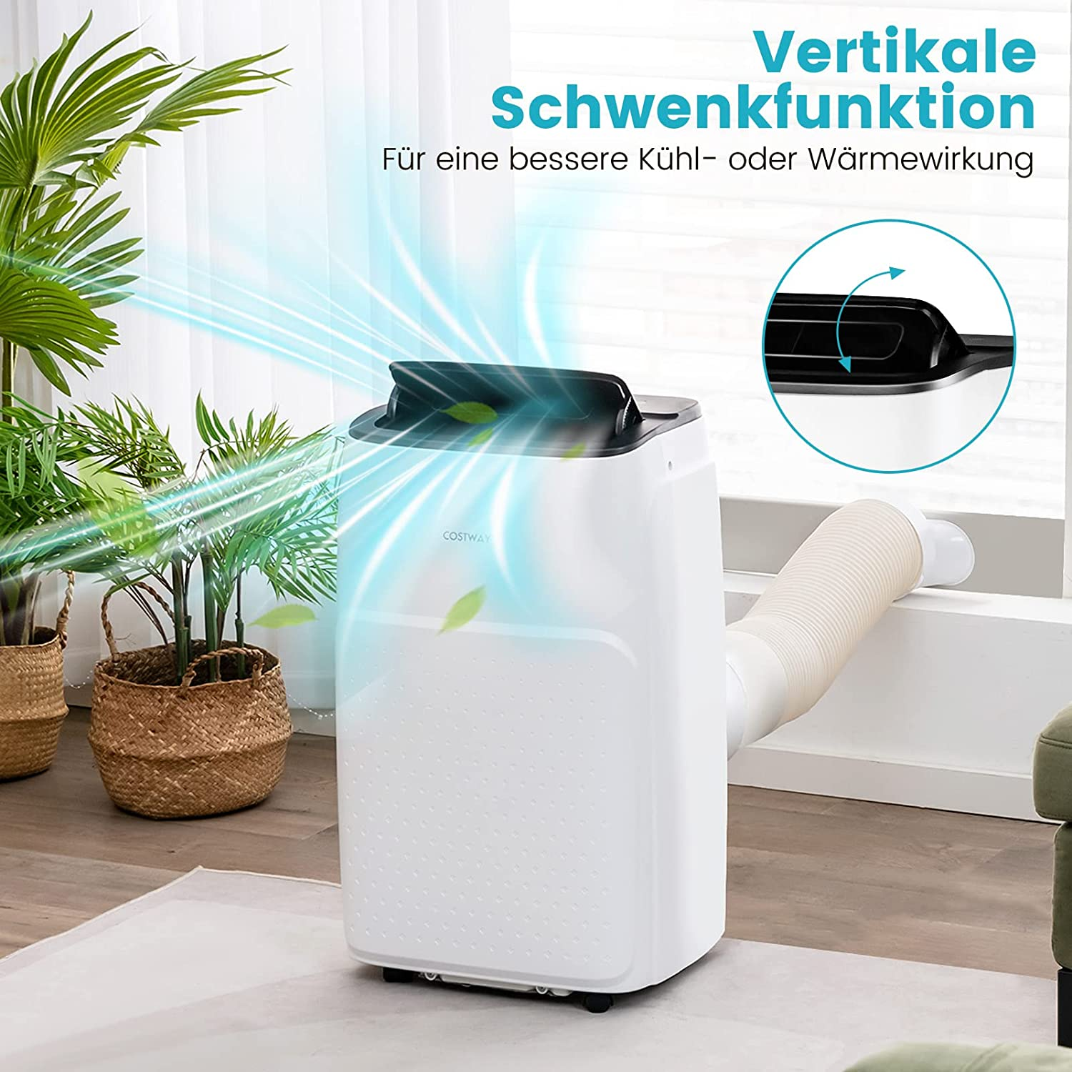 Weißer tragbarer Klimaanlage mit flexiblem Schlauch. Grüne Pflanzen im Hintergrund.