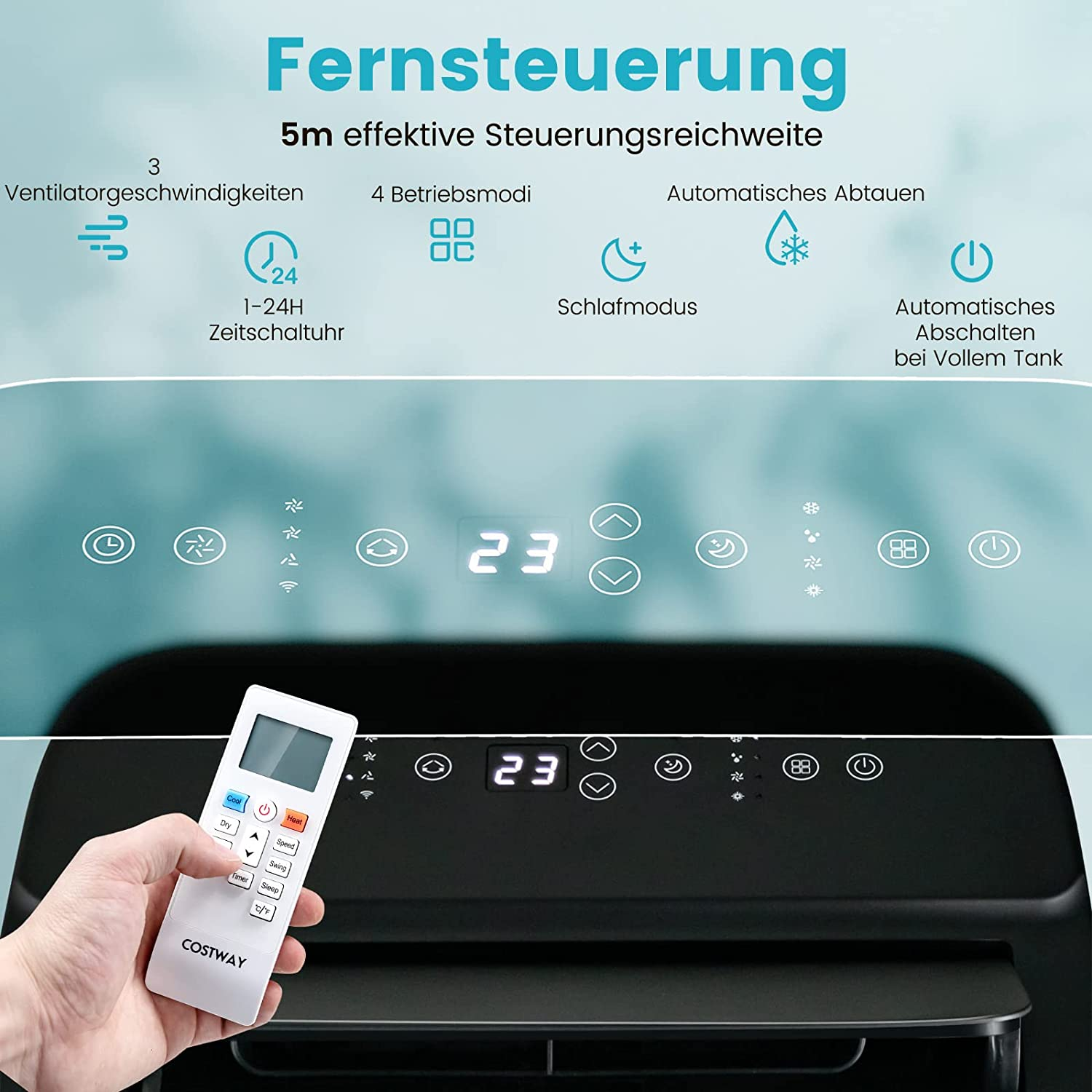 Eine Fernbedienung mit Display, das 23 anzeigt. Eine Hand hält die Fernbedienung.