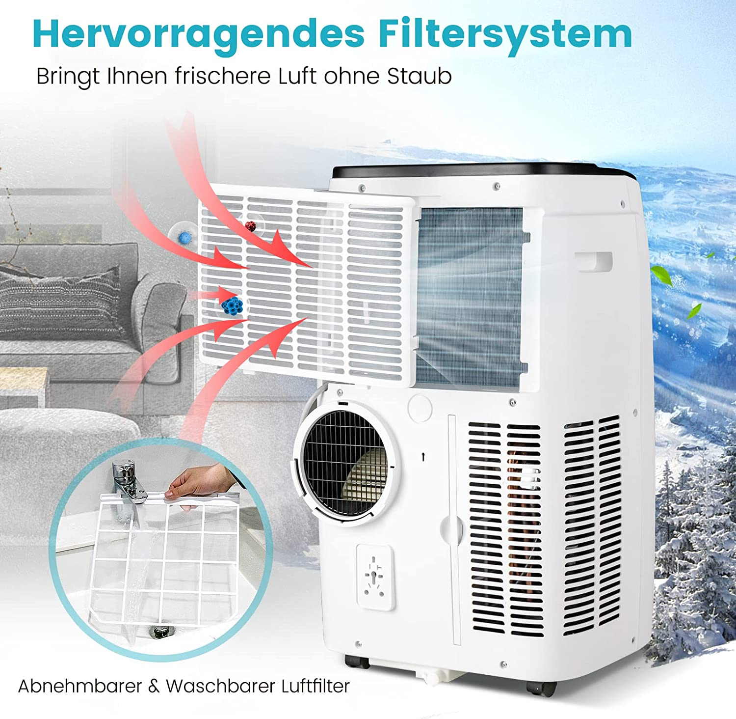 Klimaanlage mit sichtbarem Luftfilter, umgeben von einer verschneiten Szene im Freien.