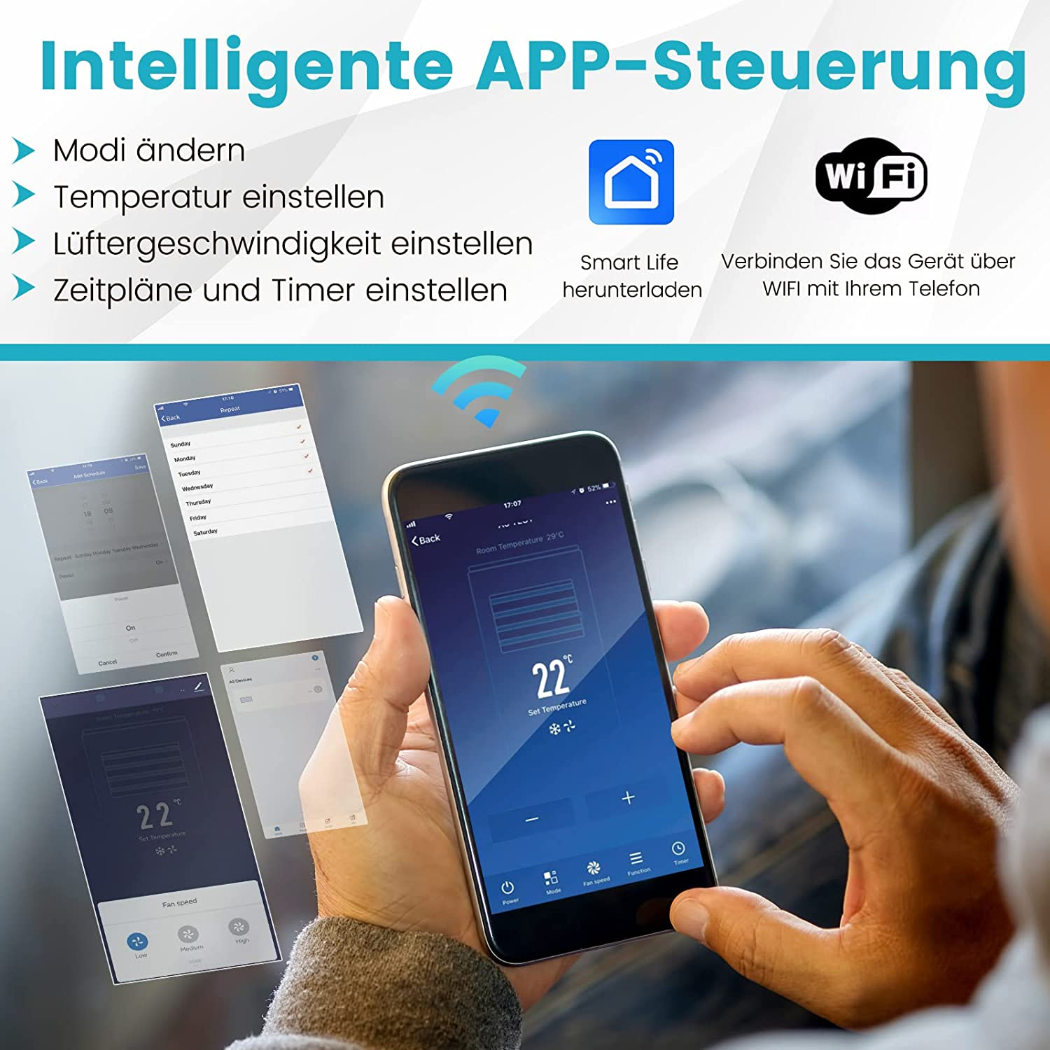 Eine Person, die ein Smartphone hält und ein Smart-Home-Gerät steuert. Text enthält 'APP-Steuerung' und 'WLAN'.