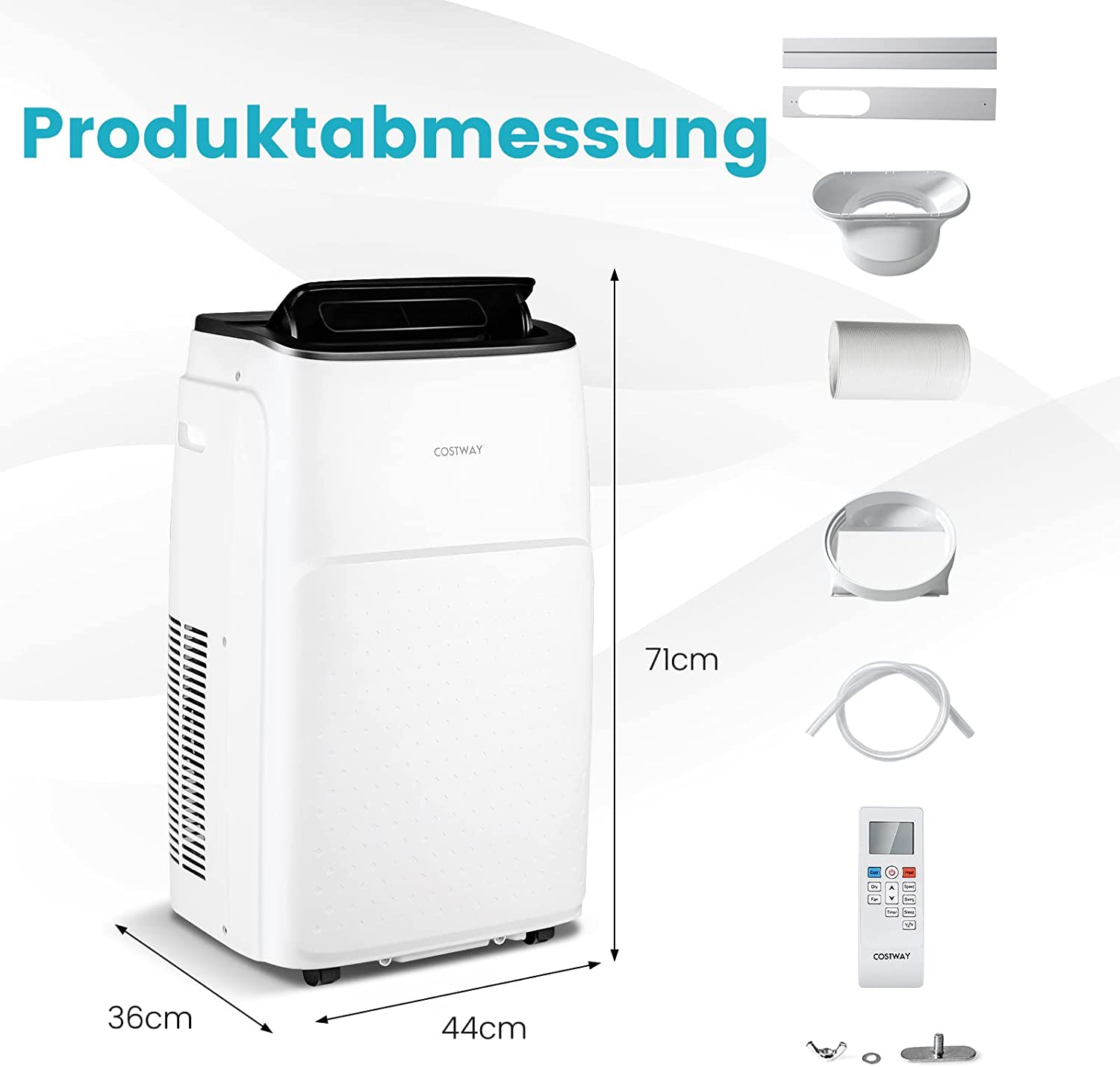 Ein weißes tragbares Klimagerät mit Maßen, Zubehör und Fernbedienung.