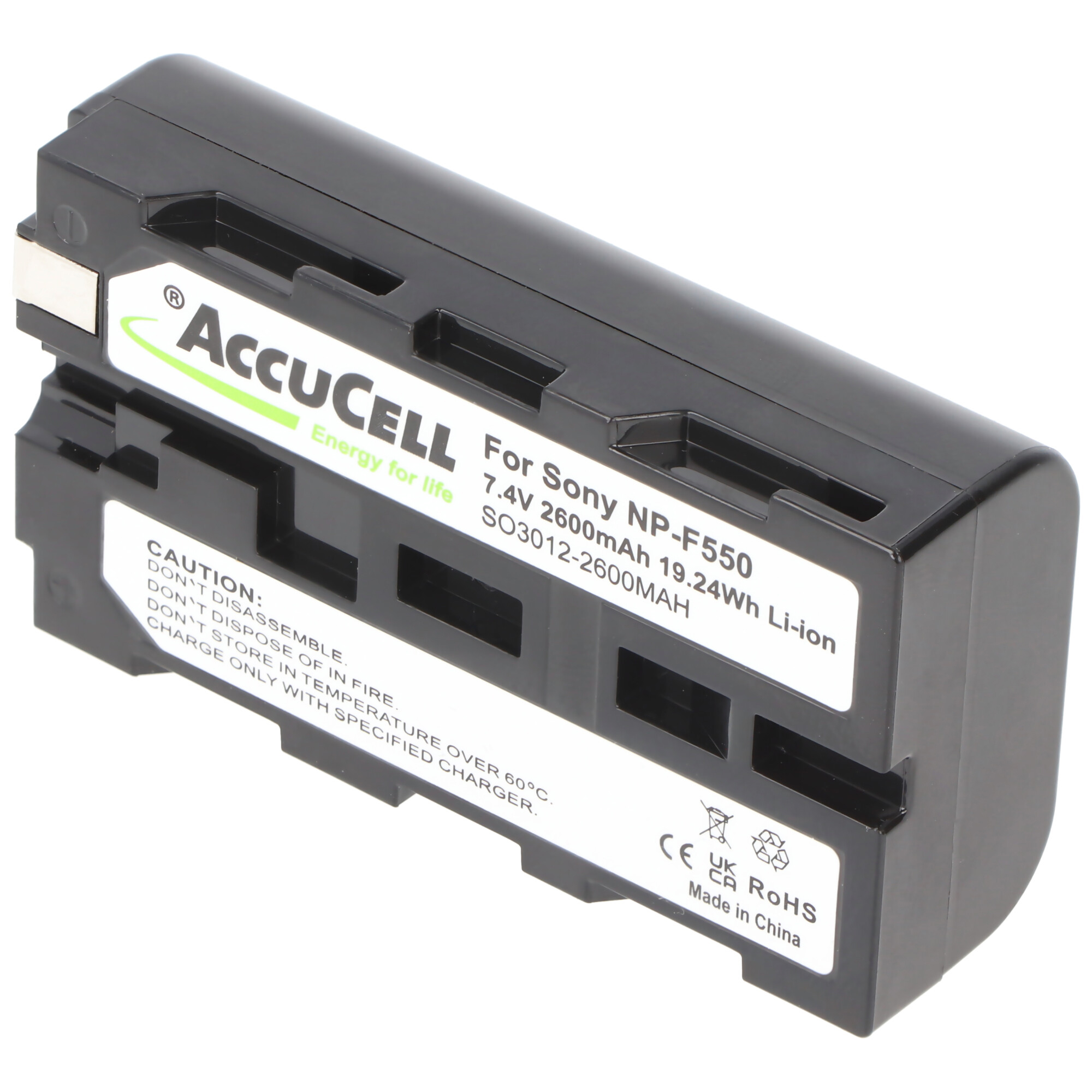 Schwarzer AccuCell-Akku. Ein weißes Etikett mit Text und Warnhinweisen ist sichtbar.