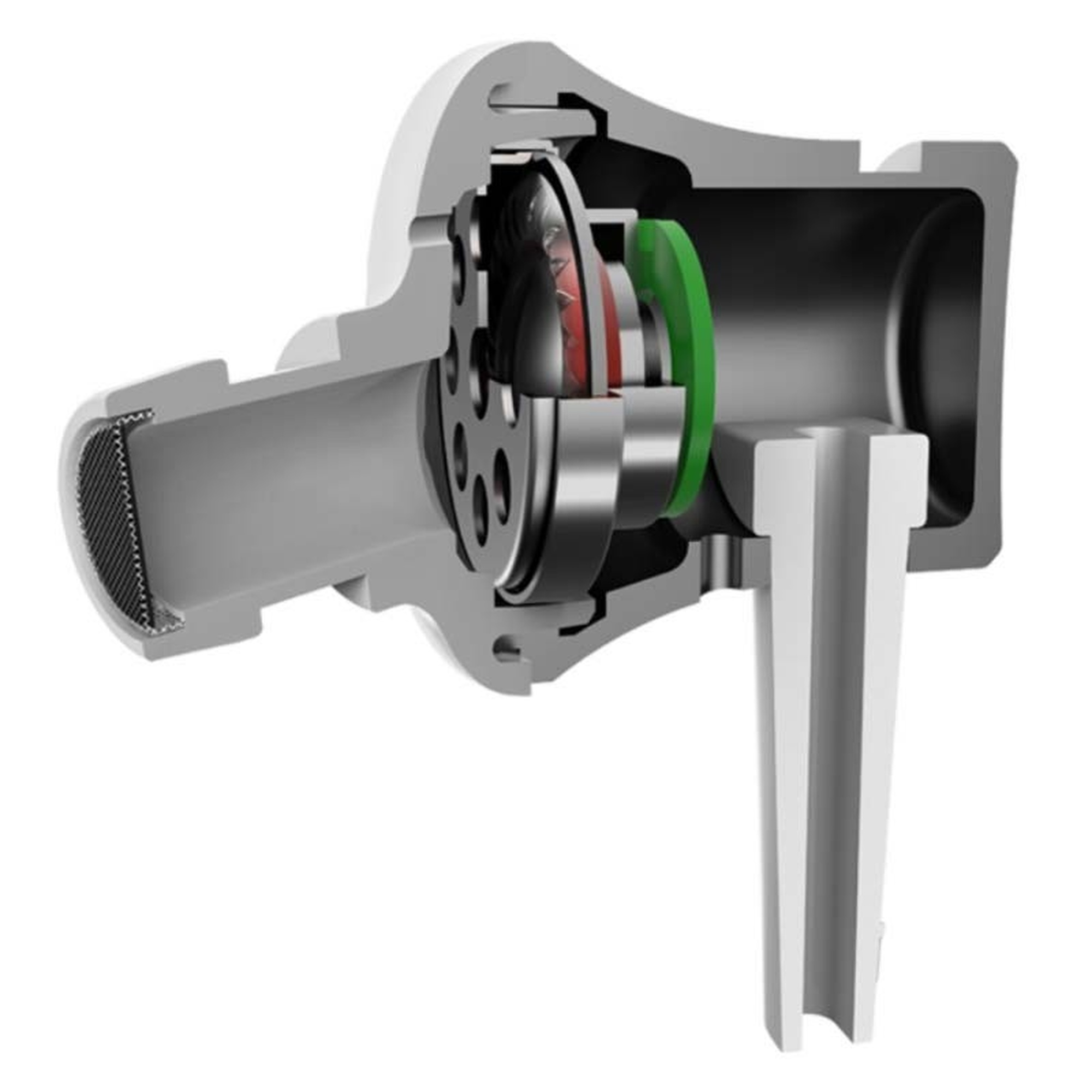 Przekrój dousznego pokazujący komponenty wewnętrzne: zielone, czerwone i srebrne elementy.