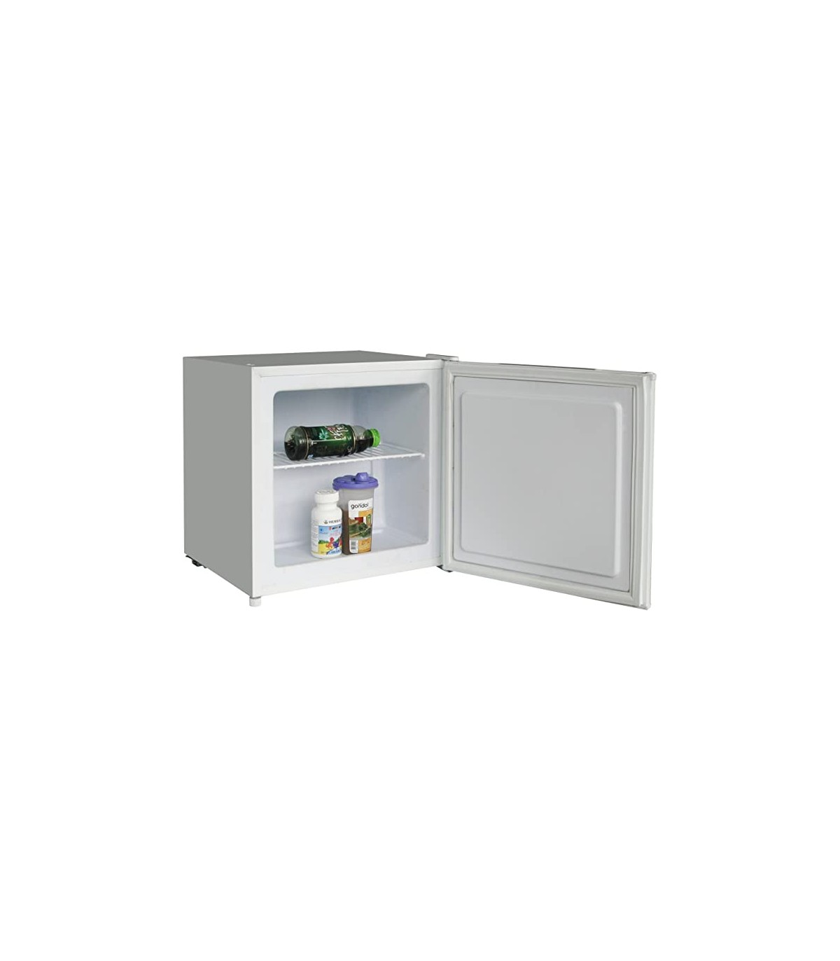 Un pequeño refrigerador blanco con la puerta abierta, mostrando estantes y contenido en el interior.