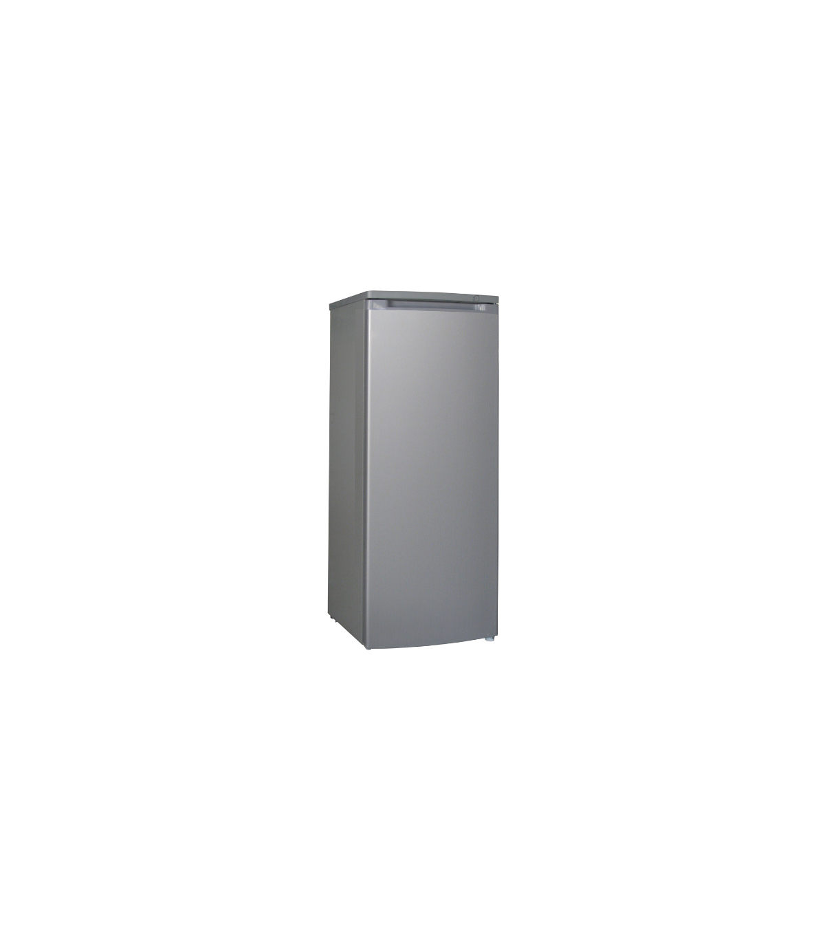 Un refrigerador alto y plateado sobre un fondo negro.