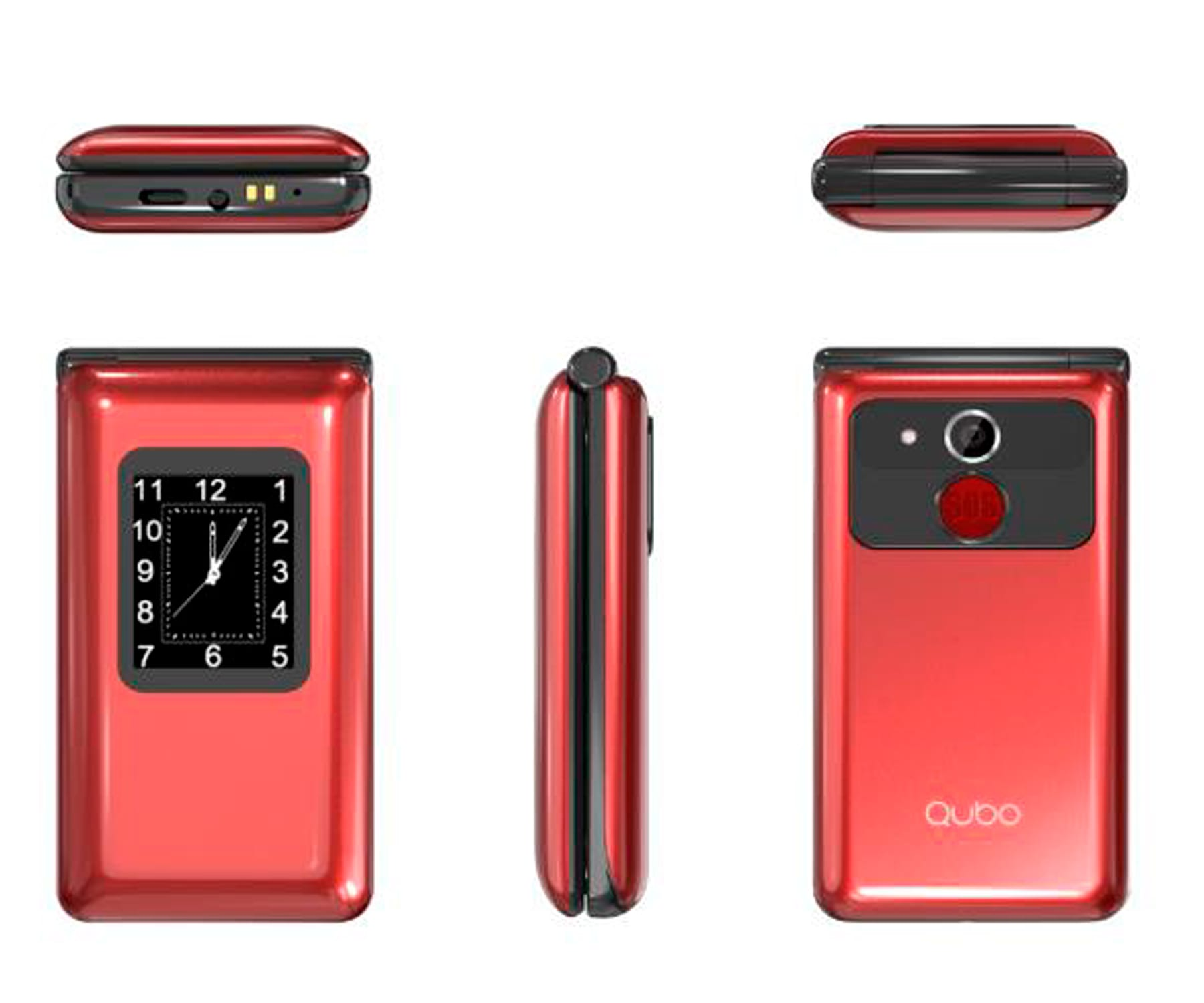 Telefono a conchiglia rosso con un orologio sullo schermo esterno.