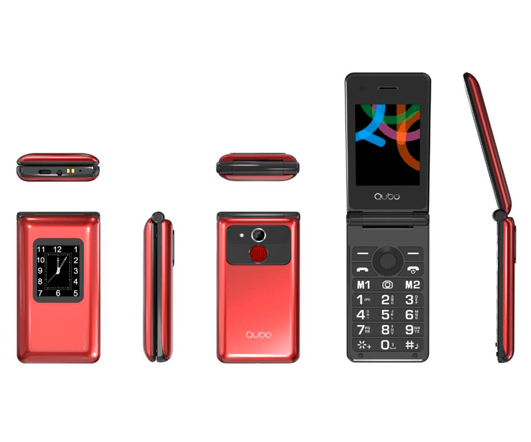 Un telefono a conchiglia rosso, che mostra diverse angolazioni con orologio e tastiera.