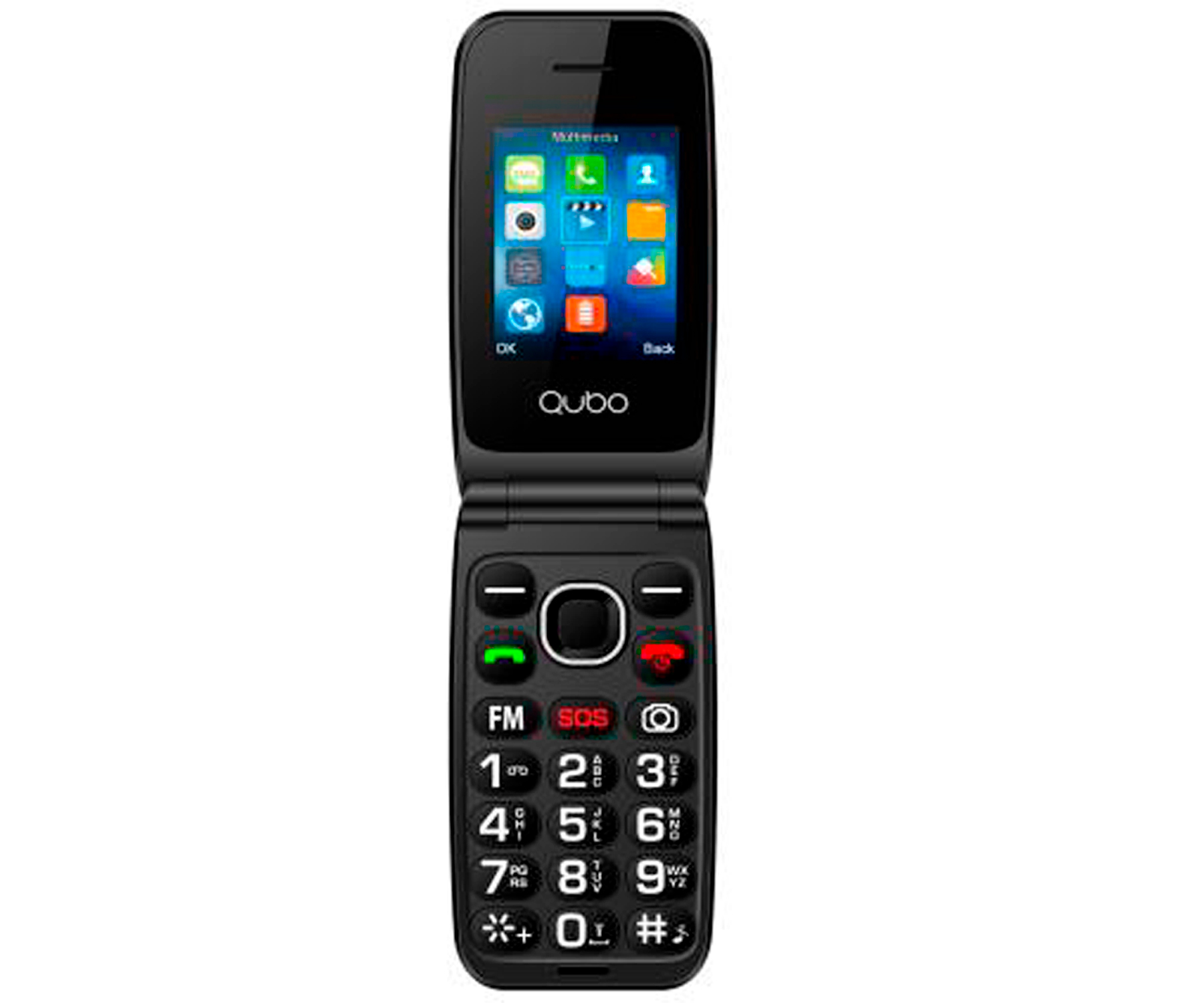 Un telefono a conchiglia nero con icone di app sullo schermo.
