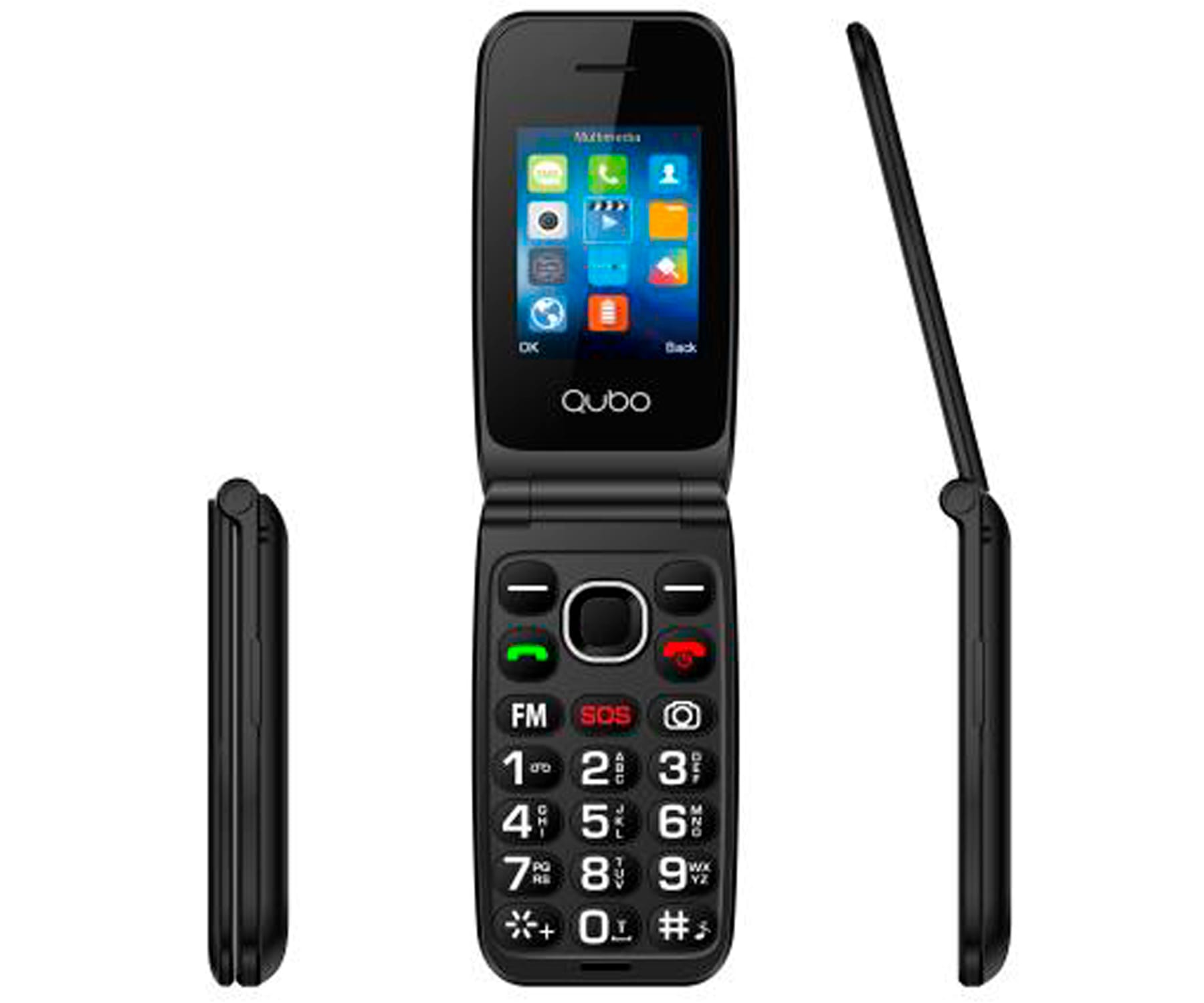 Un teléfono plegable negro se muestra desde múltiples ángulos sobre un fondo blanco.