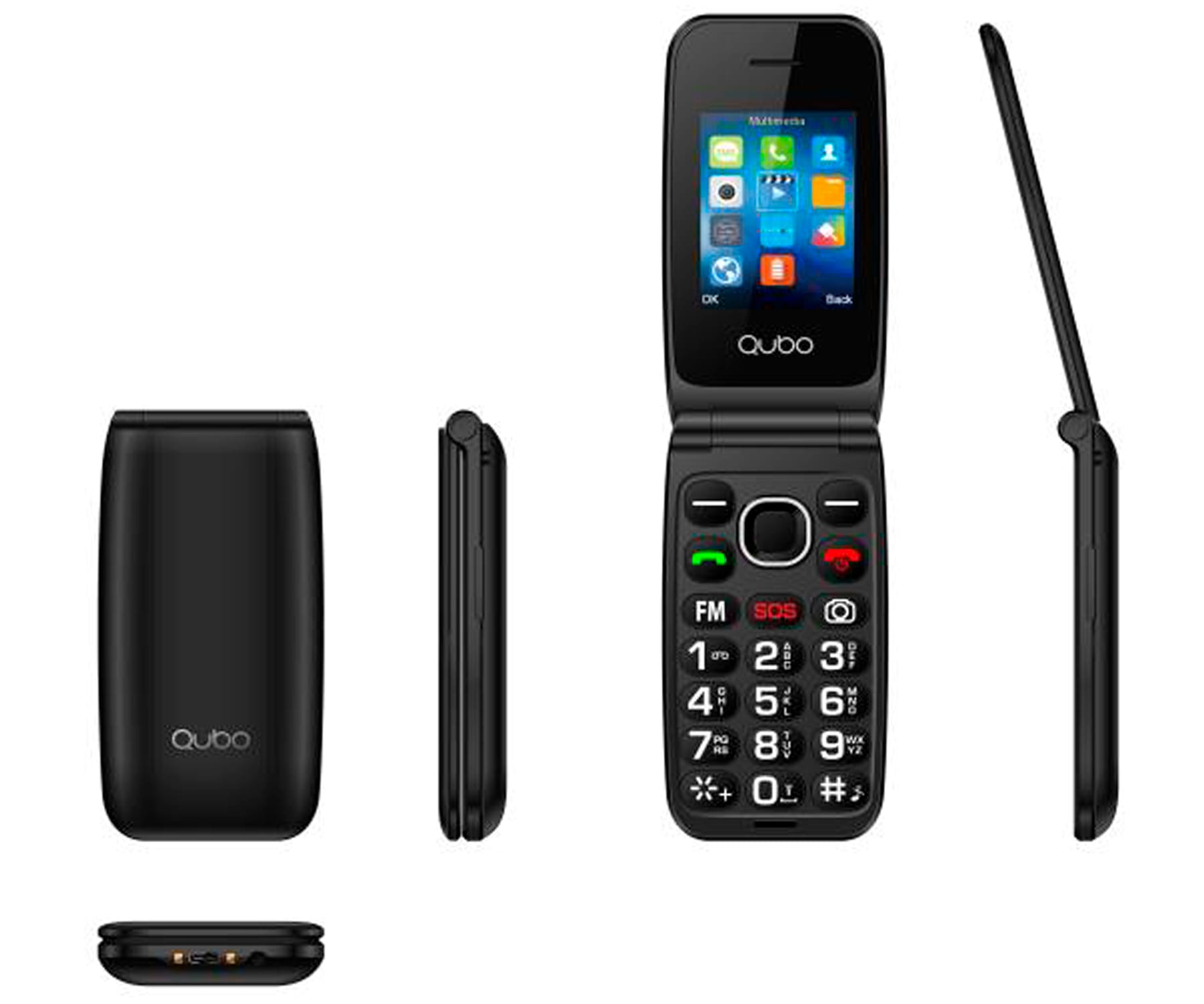 Un telefono a conchiglia nero con uno schermo che mostra le icone delle app, viste chiusa, laterale e aperta.