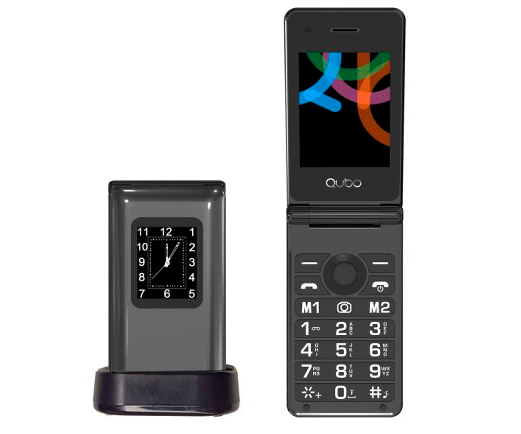 Un teléfono plegable negro con una pantalla de reloj y un teclado. Está en una base de carga.
