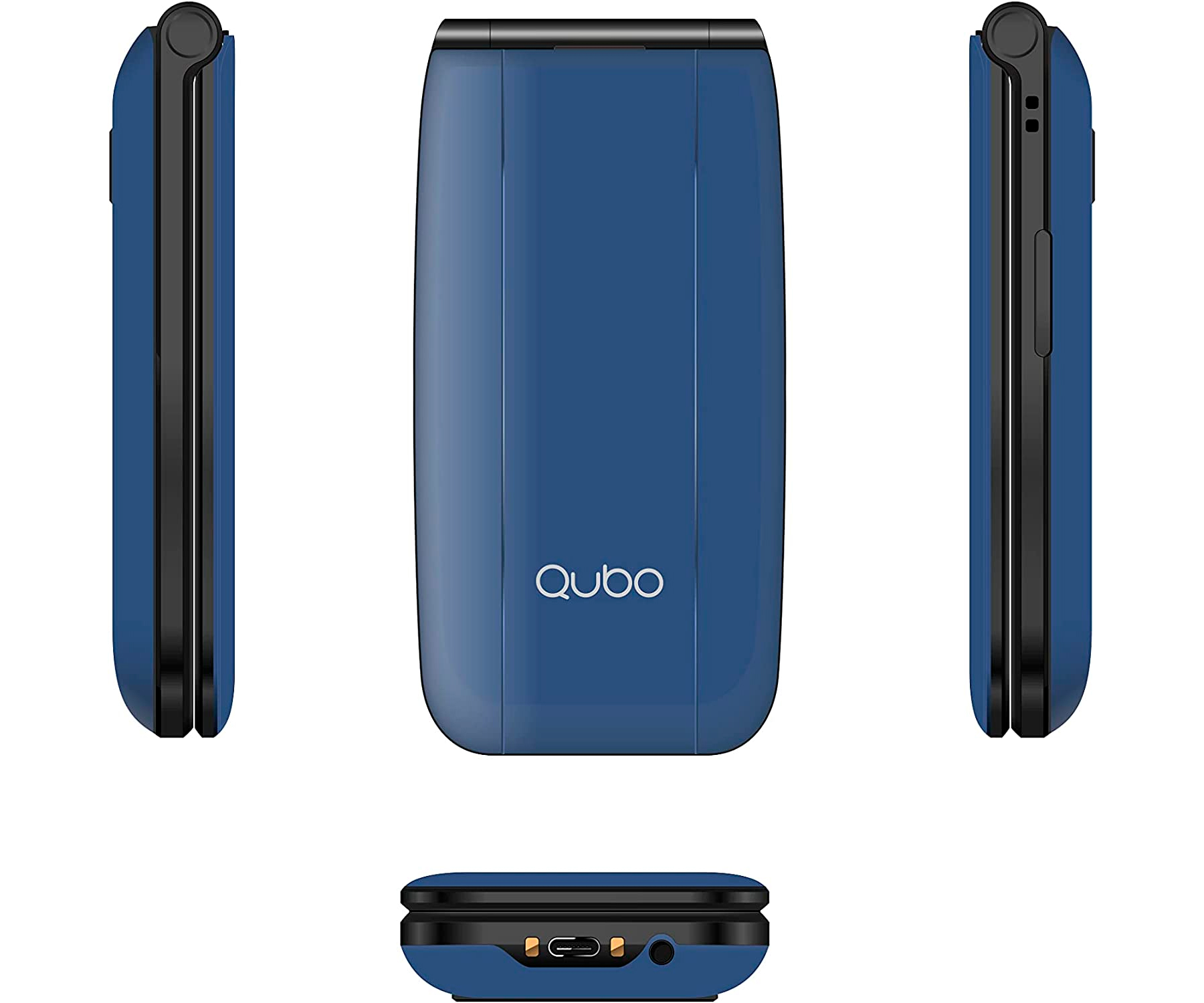 Teléfono plegable azul, visto desde múltiples ángulos, con la marca 'qubo'.