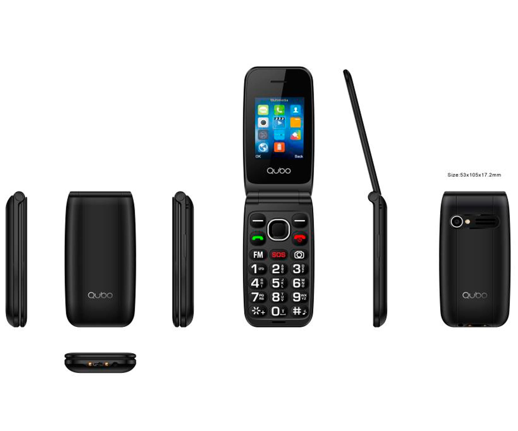 Telefono a conchiglia nero, viste multiple. Aperto, mostra schermo con icone e numeri.