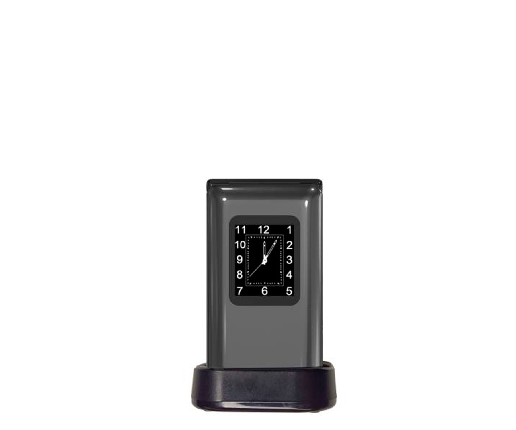 Un reloj inteligente negro y gris sobre un soporte. El reloj muestra la hora.