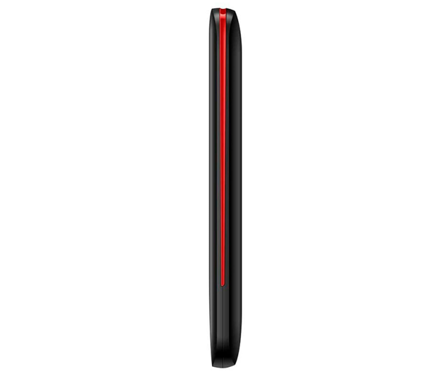 Smartphone con corpo nero e una striscia rossa sul lato.