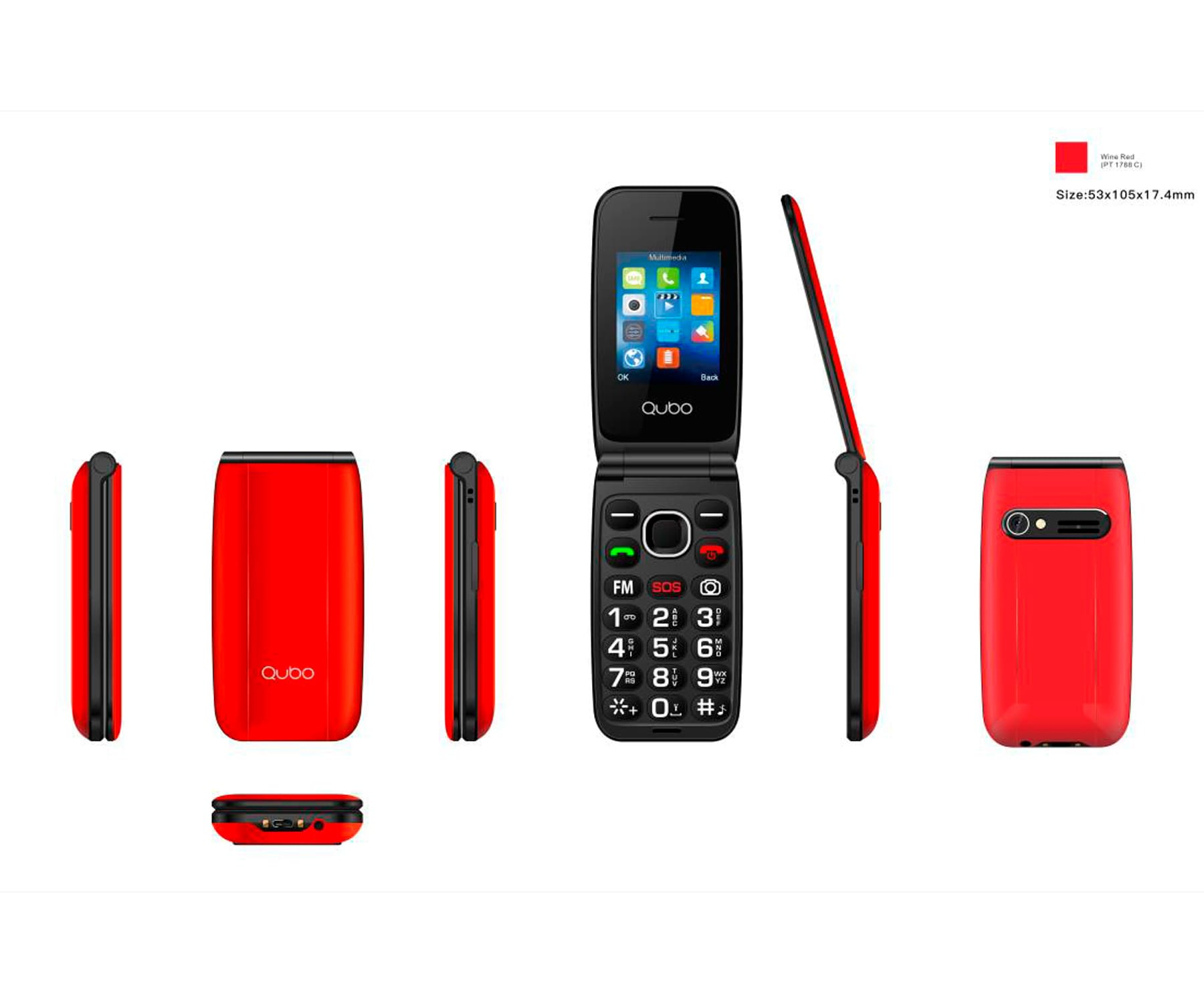 Telefono a conchiglia rosso, viste multiple: chiuso, aperto, lato, sopra e sotto.
