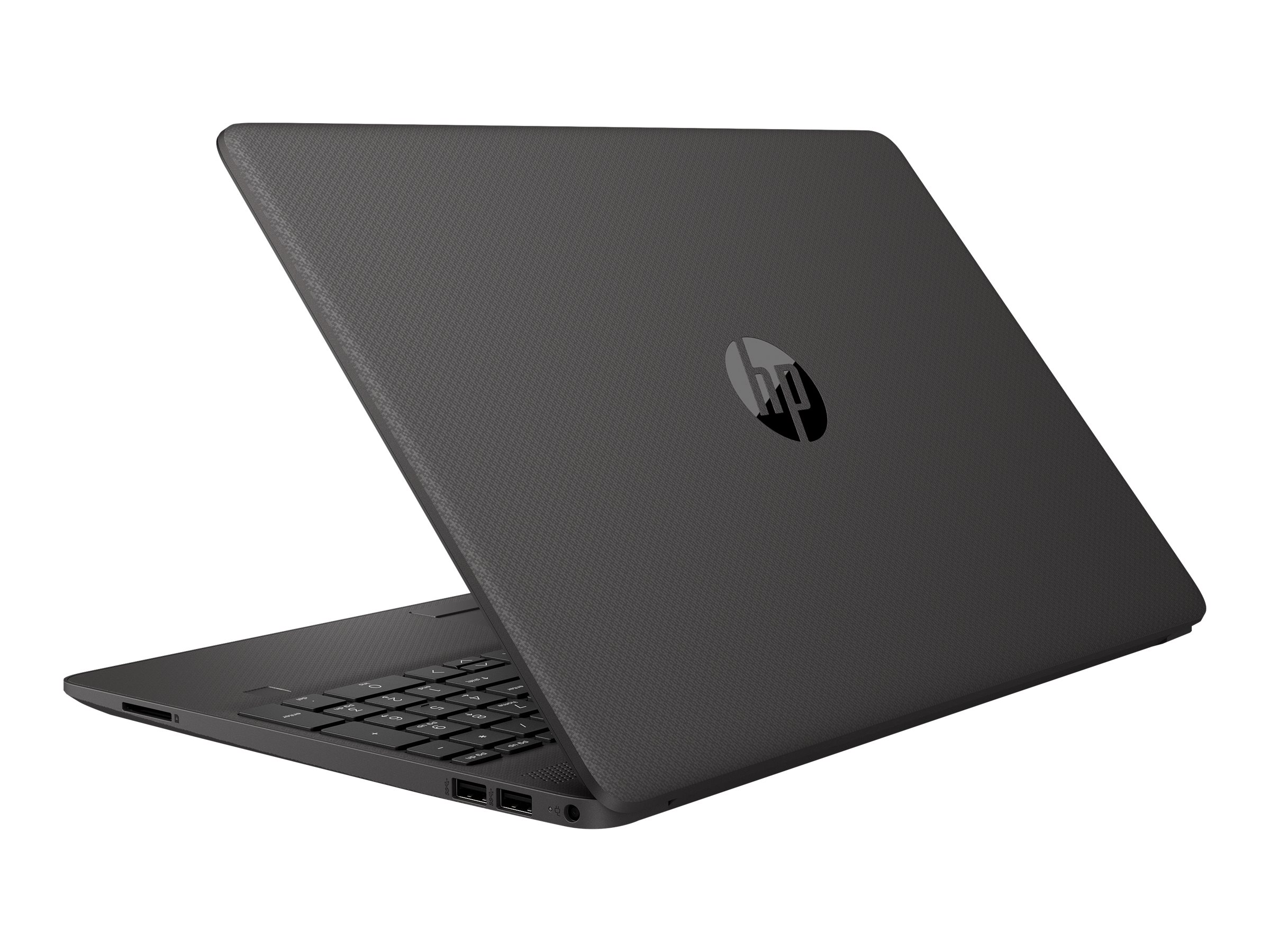 Ordinateur portable gris foncé, vue en angle, avec le logo HP sur le couvercle.