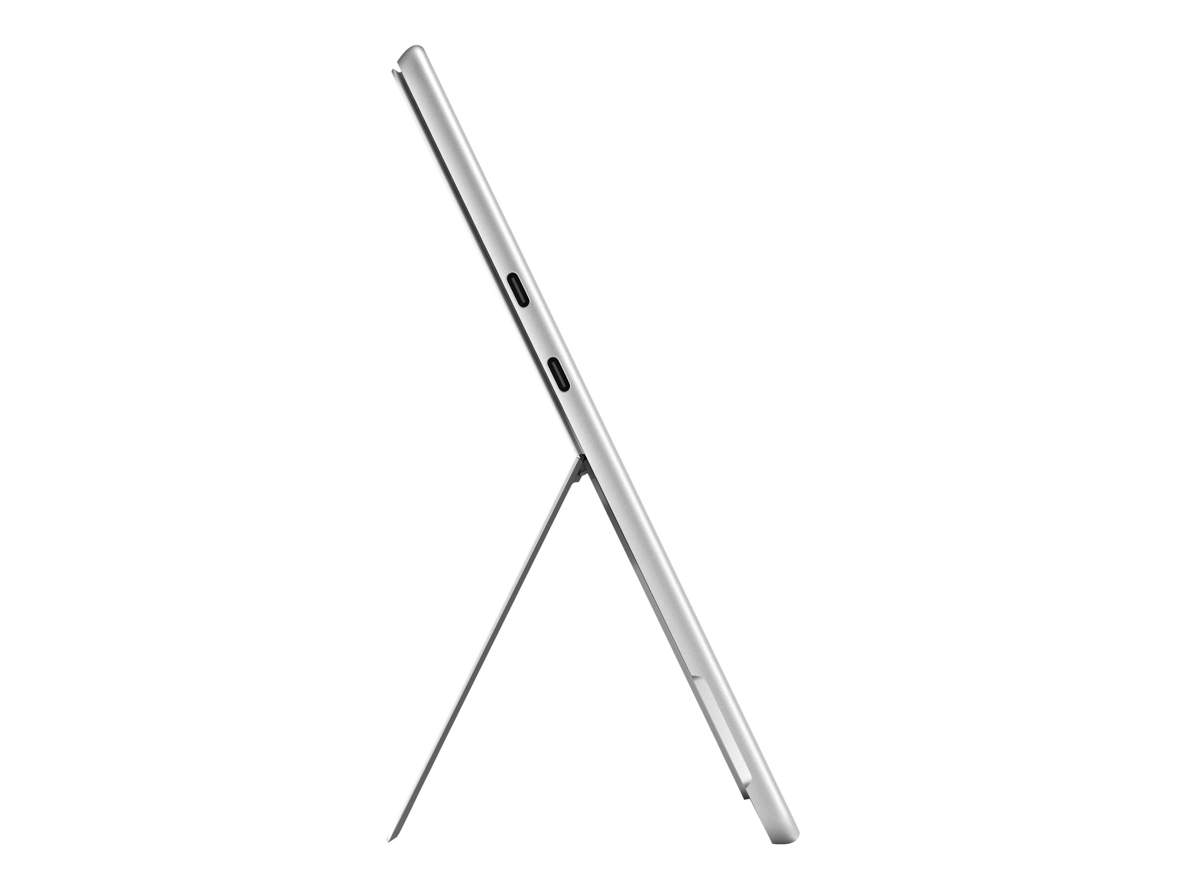 Ein silbernes Tablet steht im Winkel. Es hat einen Ständer und Anschlüsse sind an der Seite sichtbar.