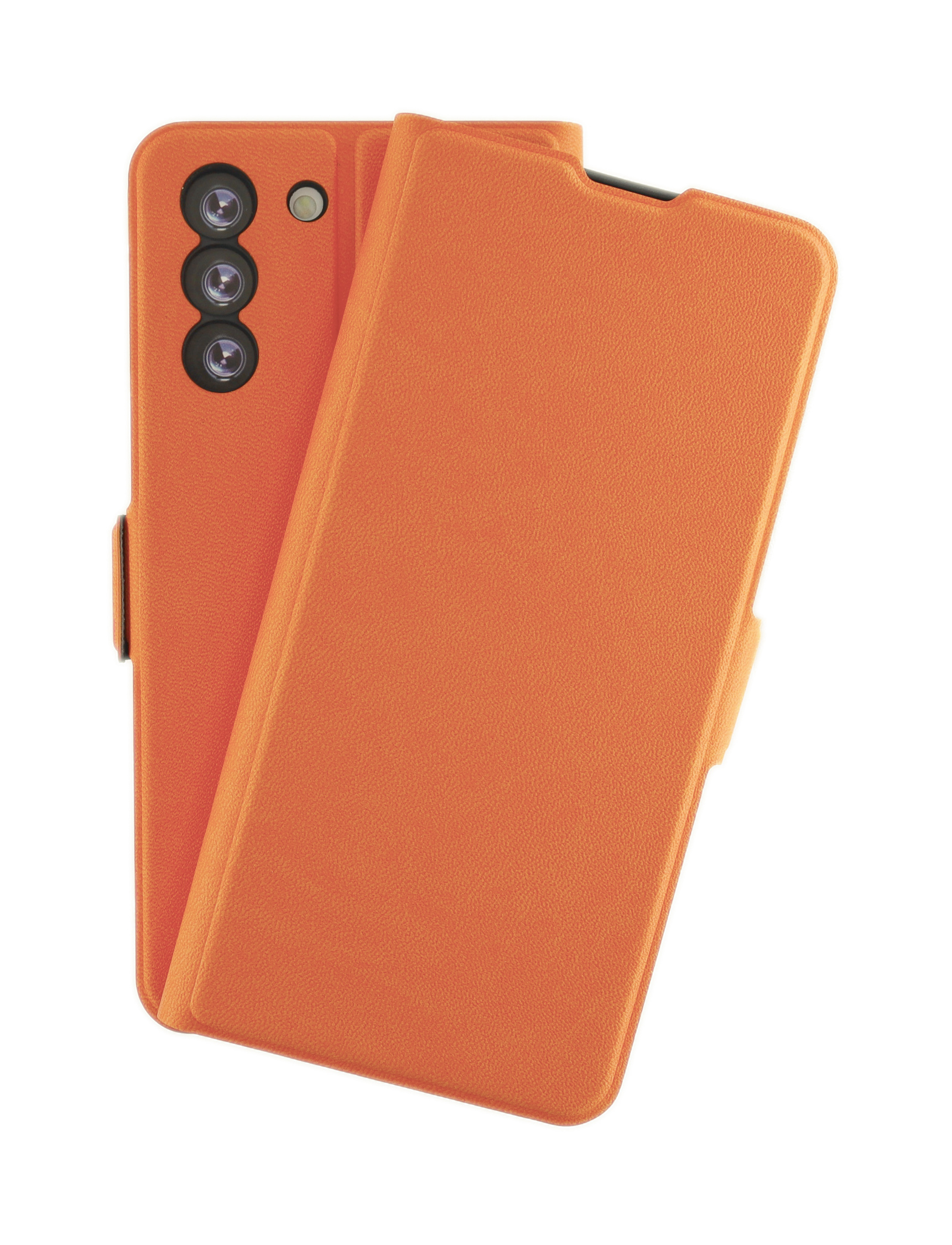 Orangene Handyhülle mit offener Buch-Cover-Hülle, auf weißer Oberfläche.
