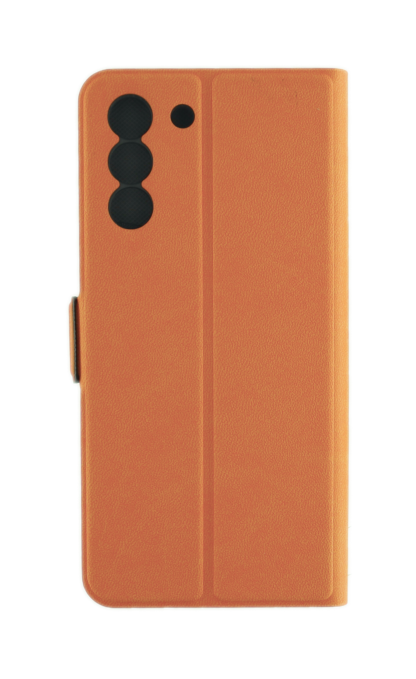 Eine orangefarbene Handyhülle mit Klappdeckel, die die Rückseite eines Telefons zeigt.