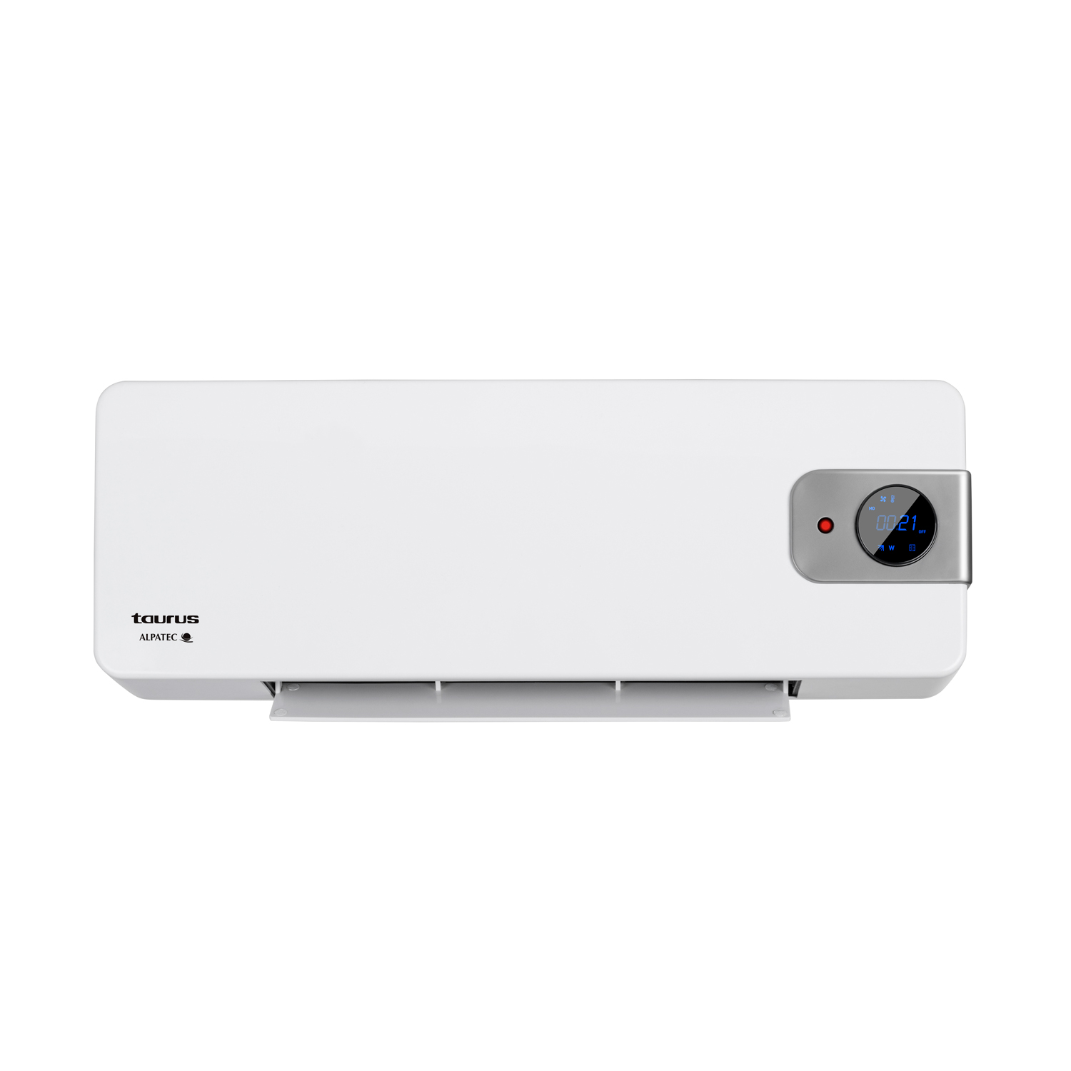 Calentador de pared blanco con pantalla digital y controles. Tiene un ribete plateado y una ventilación.
