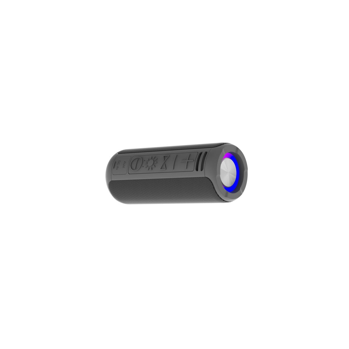 Czarny, cylindryczny głośnik Bluetooth z niebieskim światłem na końcu.