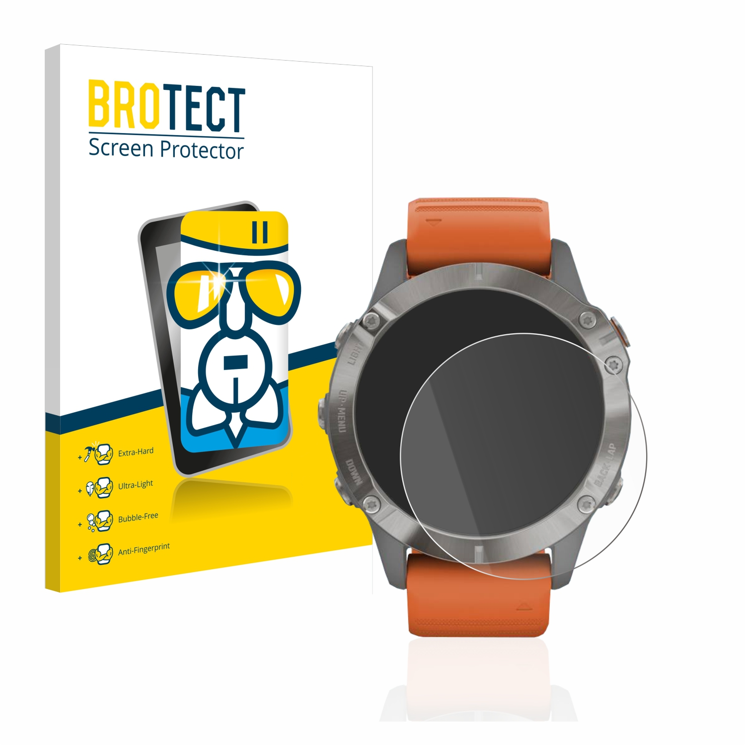 Uhr mit Displayschutz, orangefarbenem Armband, neben Displayschutzbox.