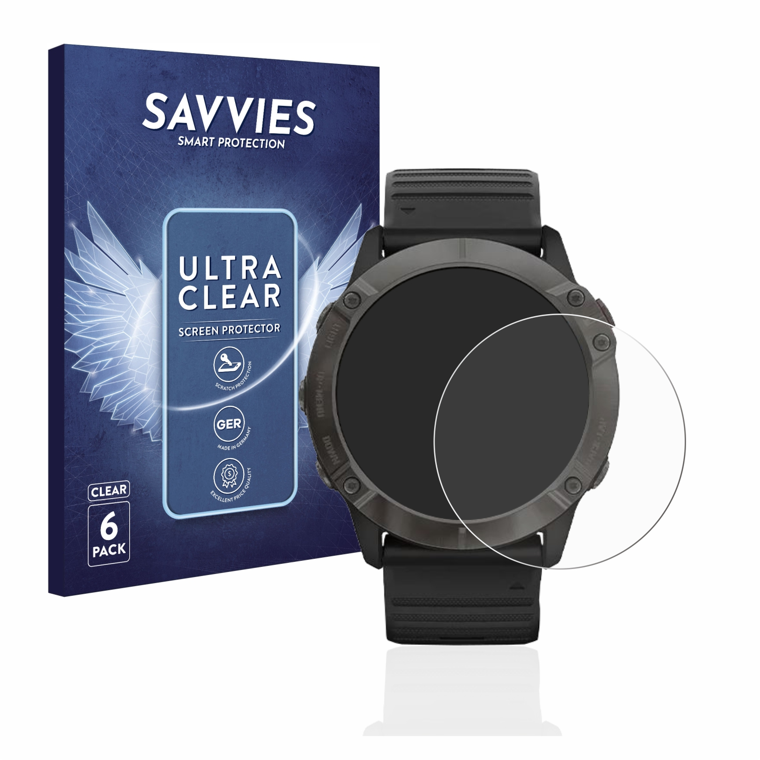 Smartwatch mit Displayschutz und Box. Box mit Logo und 6er-Pack-Text.