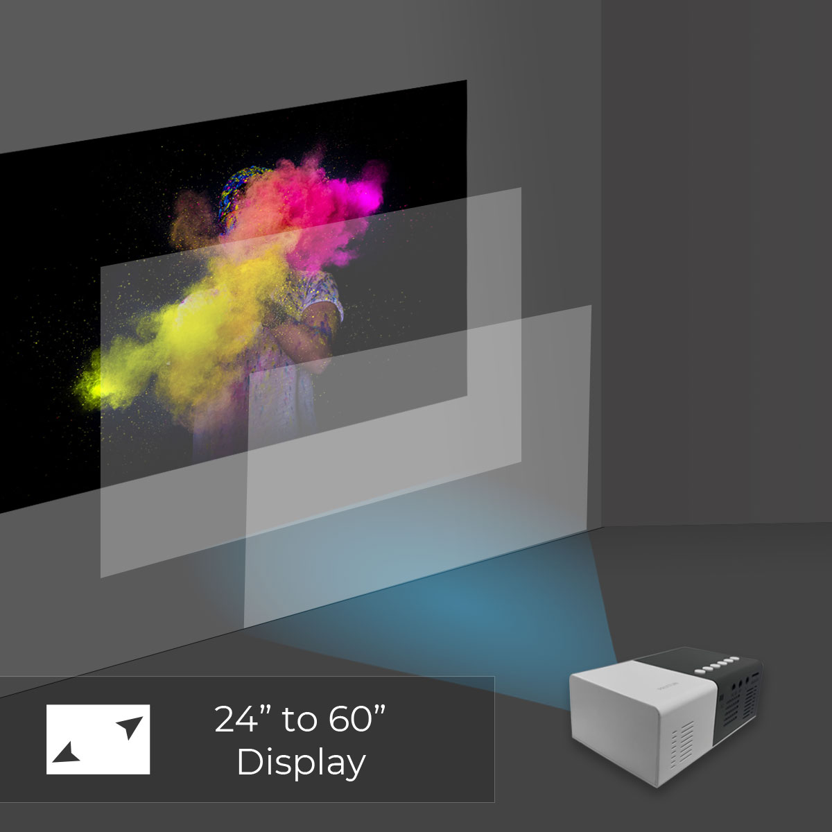 Projector with display screen. Display size is 24" to 60".