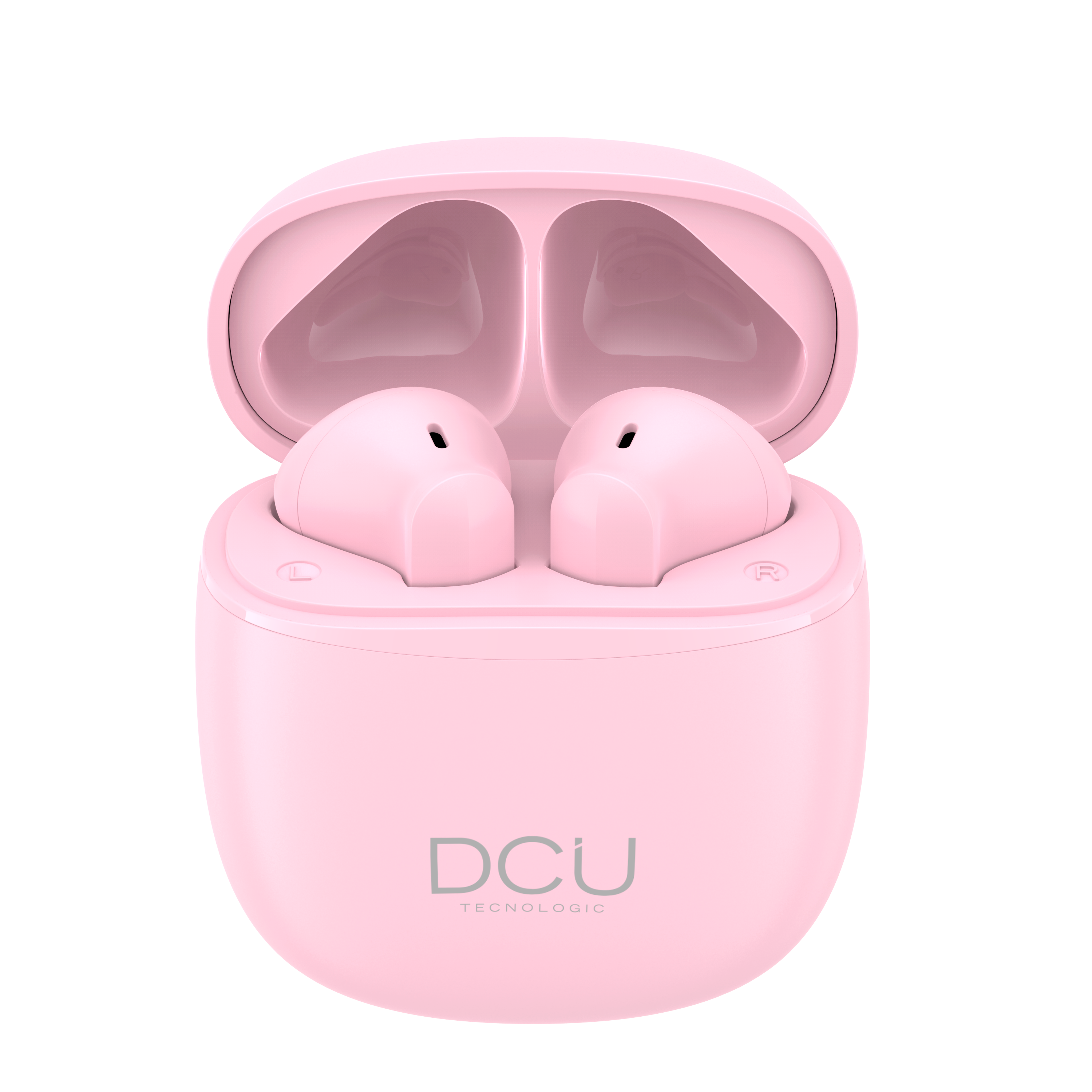 Auriculares inalámbricos rosas en un estuche de carga.