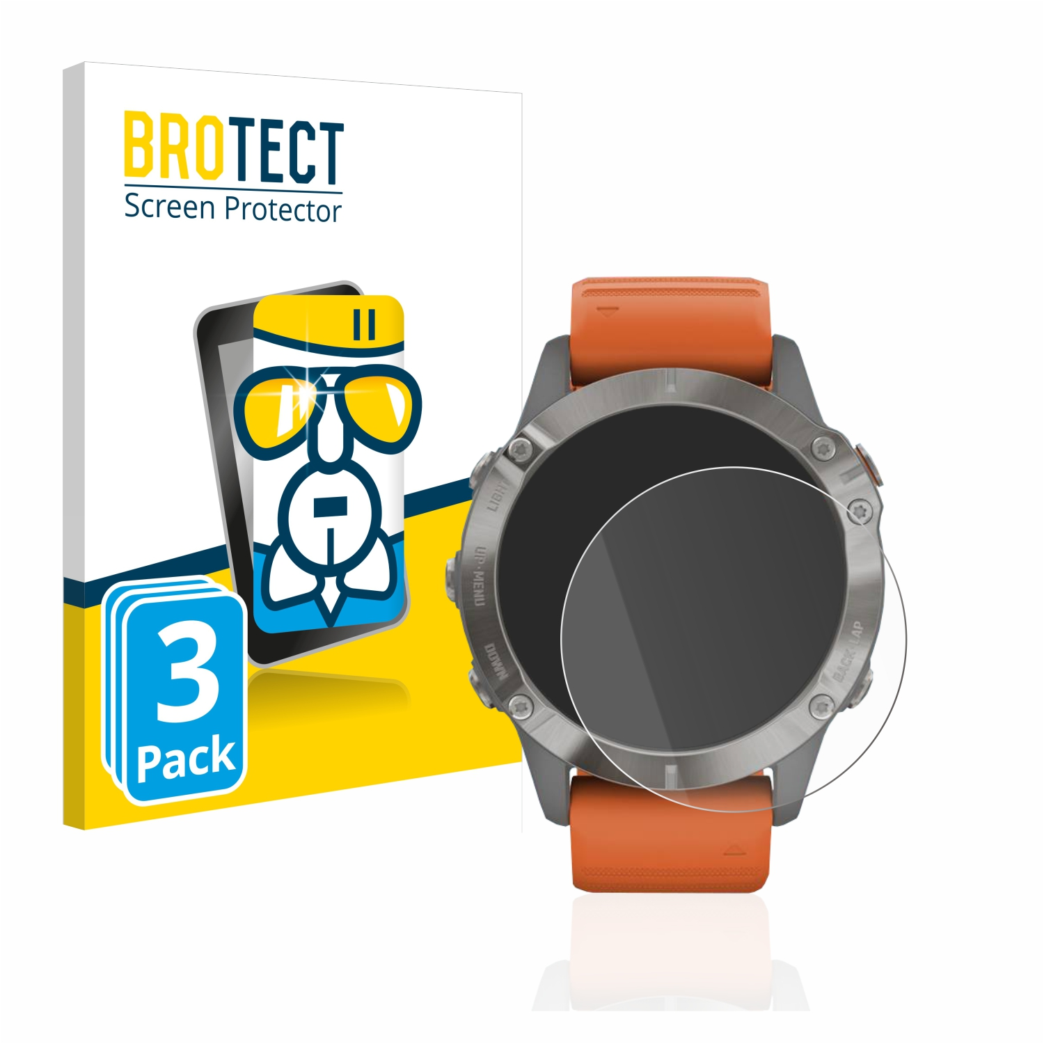 Eine Uhr mit Displayschutzfolie und einer Box. Auf der Box steht Brotect Screen Protector.