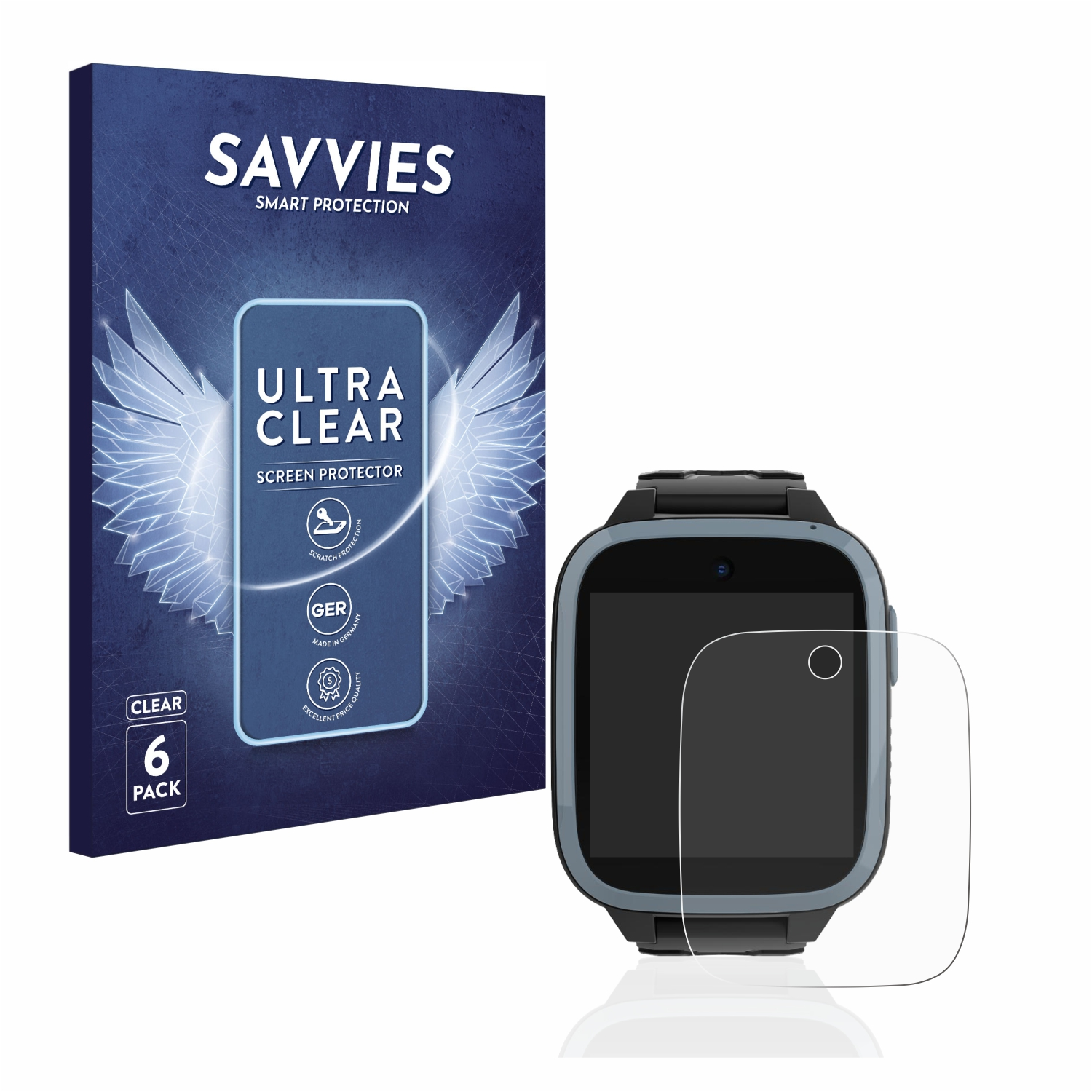 Eine Smartwatch und eine Displayschutzbox, beide mit Text und einer Folie.
