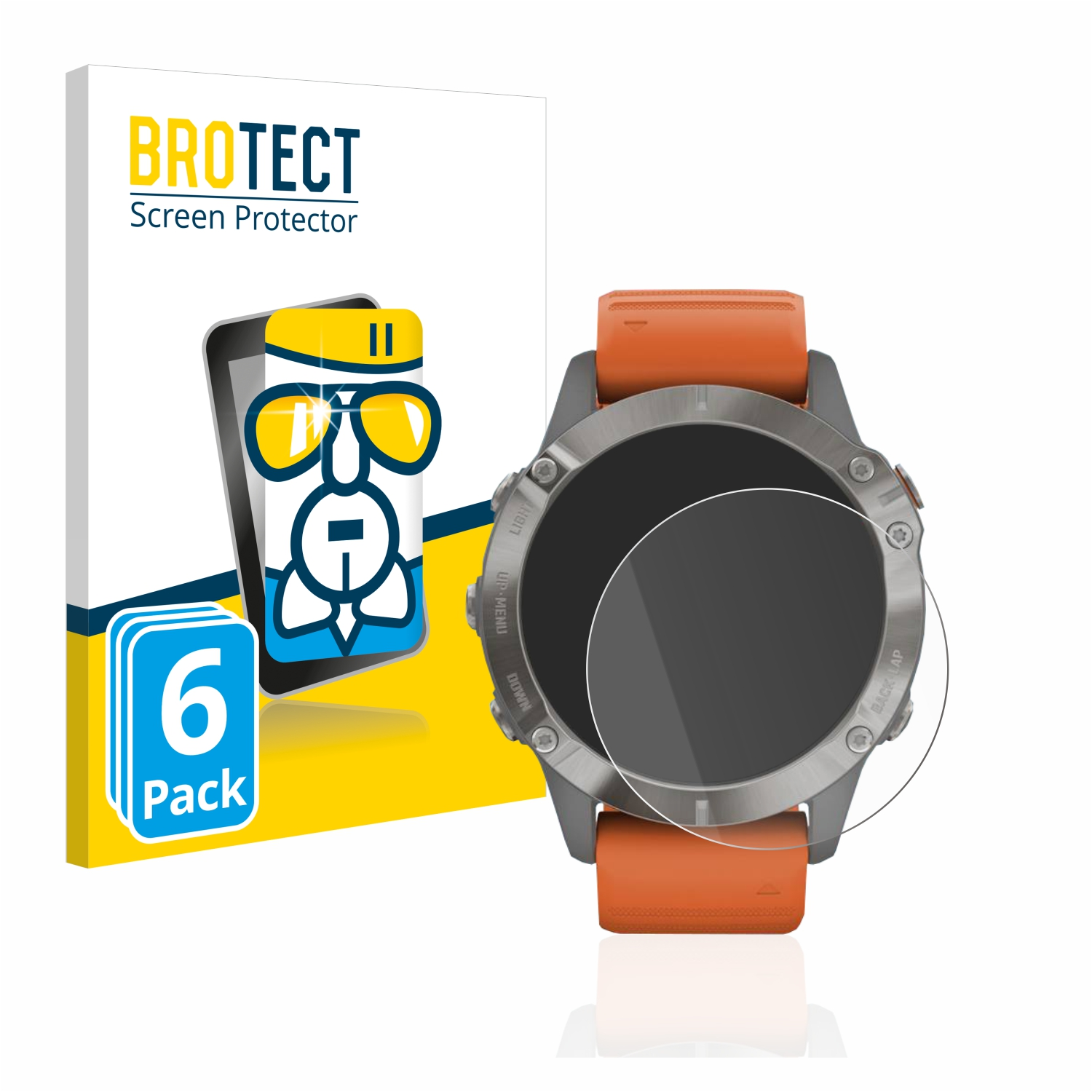 Uhr mit orangefarbenem Armband und Displayschutzfolienbox. Schwarze Uhr mit klarer Folie.
