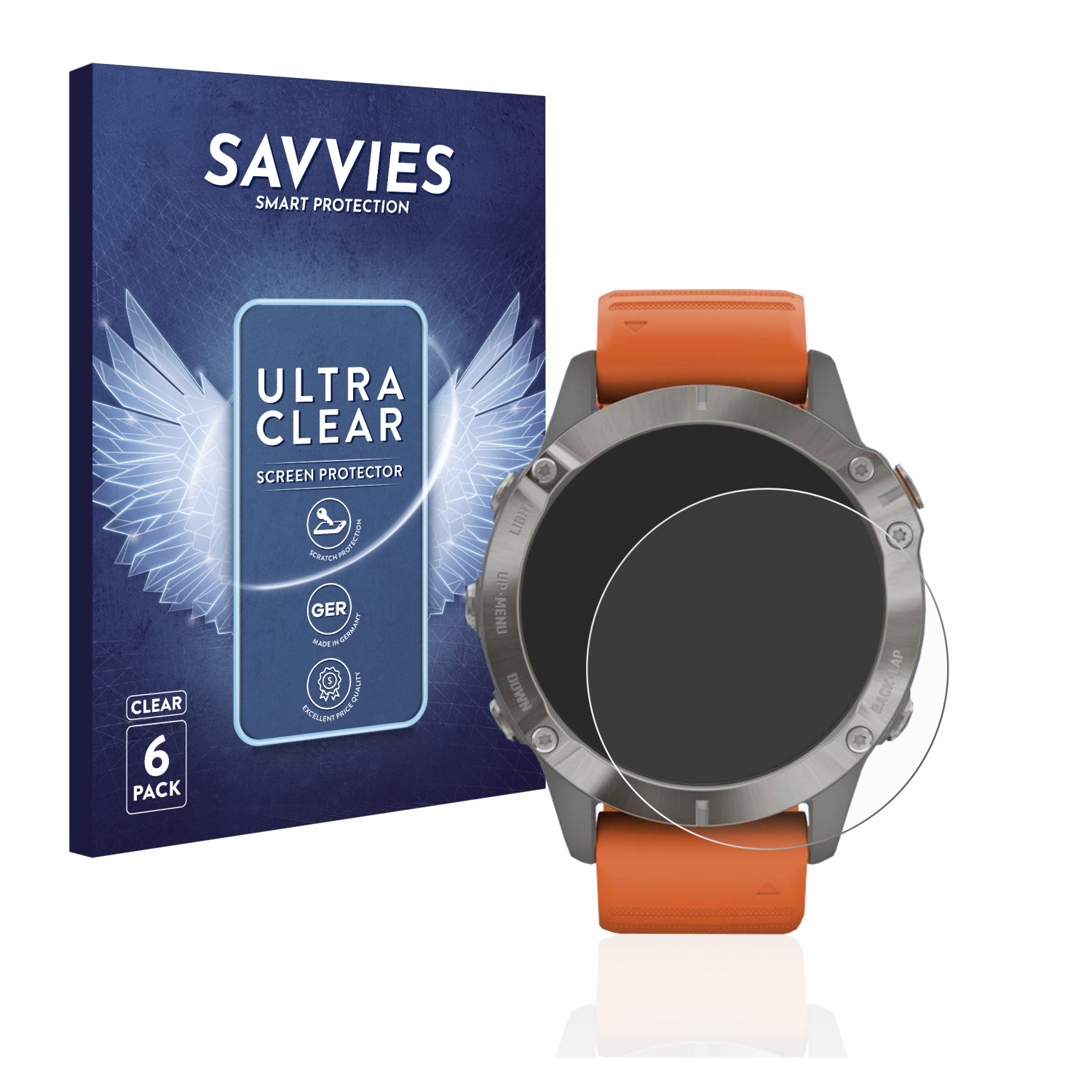 Smartwatch mit Displayschutzfolie neben der Verpackung.