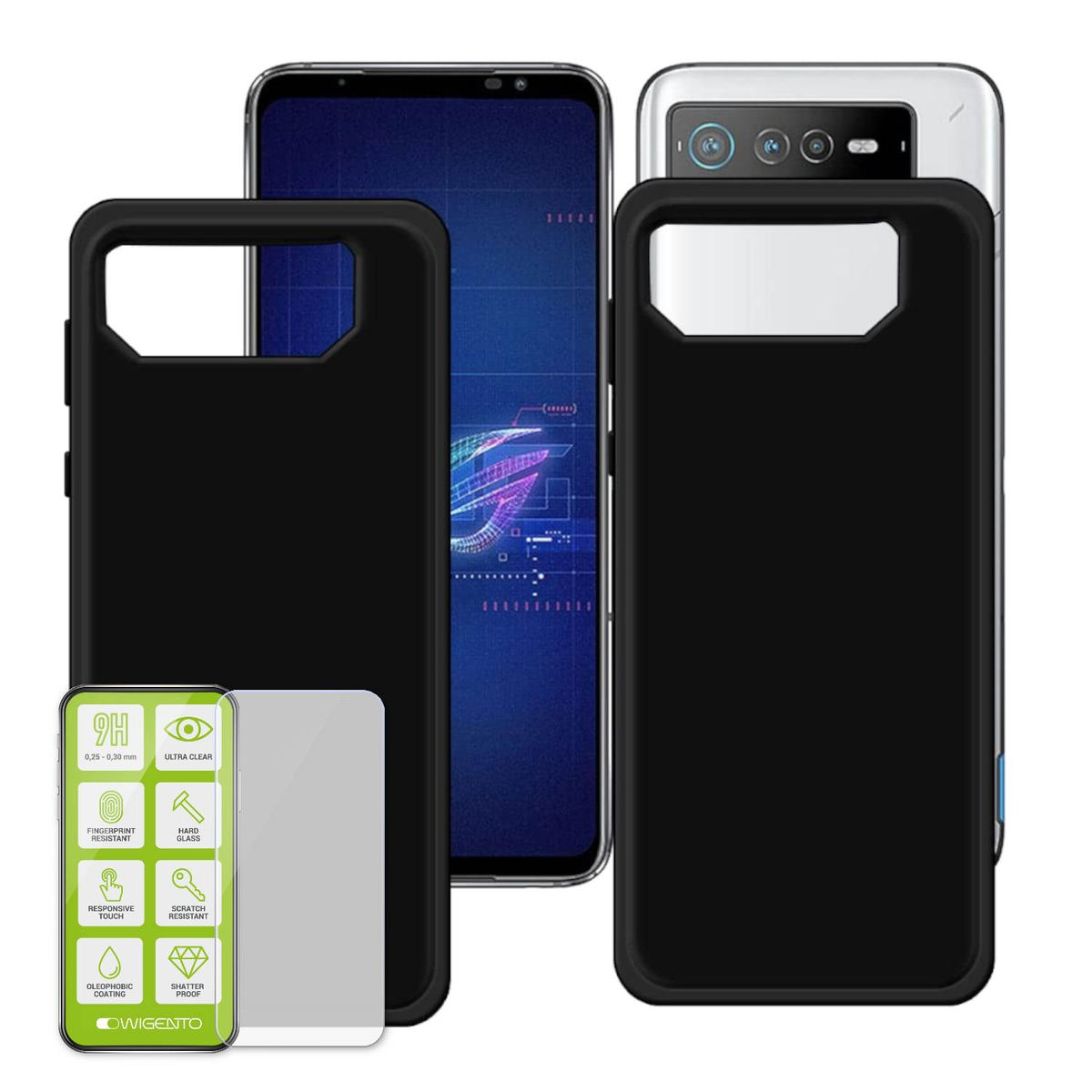 H9 7 / Hartglas ROG Produktset Smartphone Backcover, 7 Ultimate, Asus, Phone Folie, WIGENTO + Hülle Panzer Schwarz