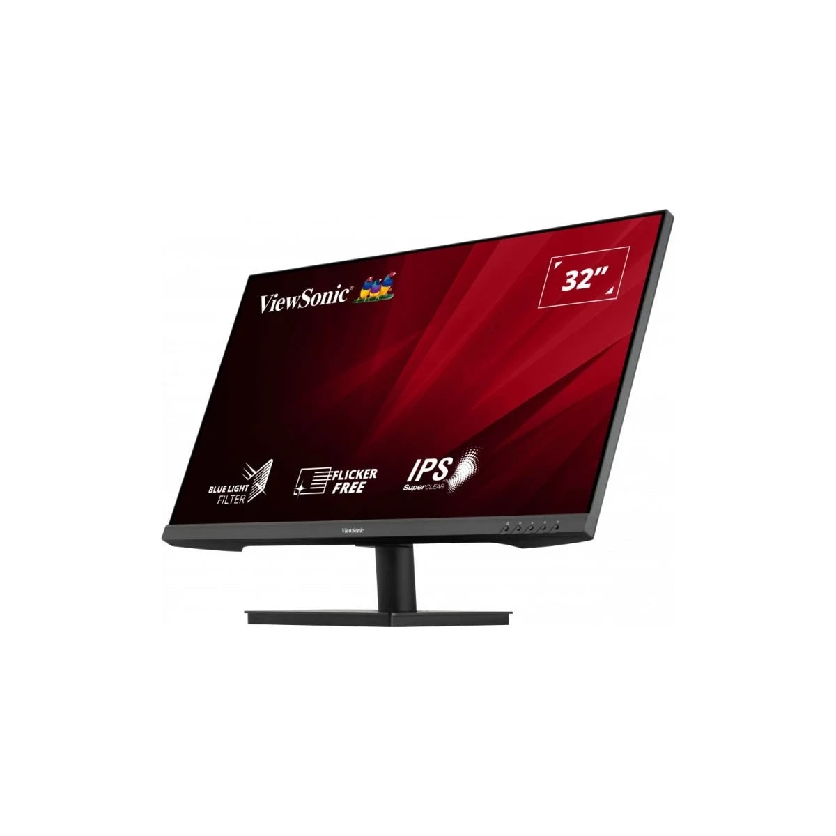 Monitor ViewSonic, 32", z czerwonym tłem i logotypami.
