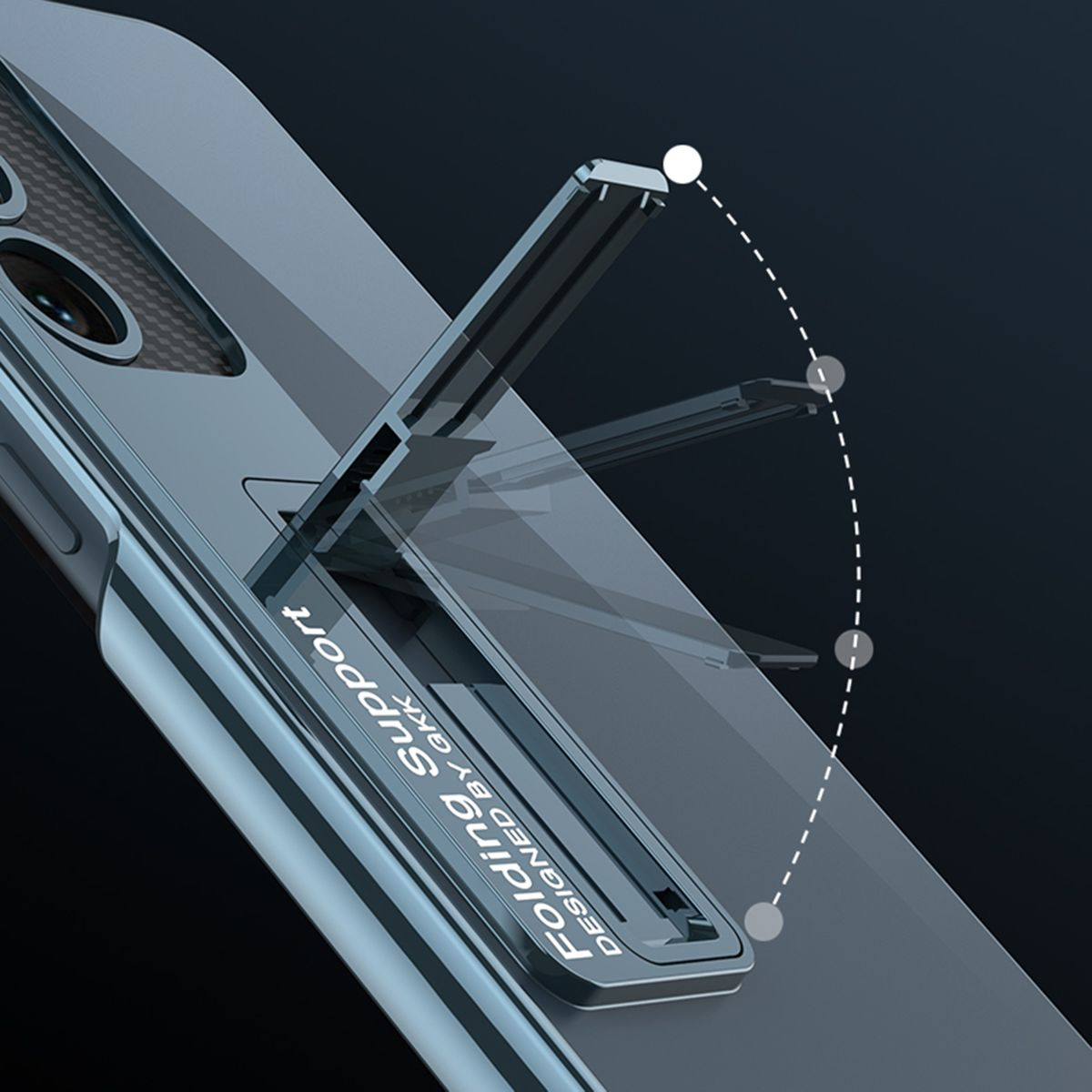 Eine transparente Handyhülle mit einem Ständer in Faltstützposition. Die Hülle befindet sich auf dunklem Hintergrund.