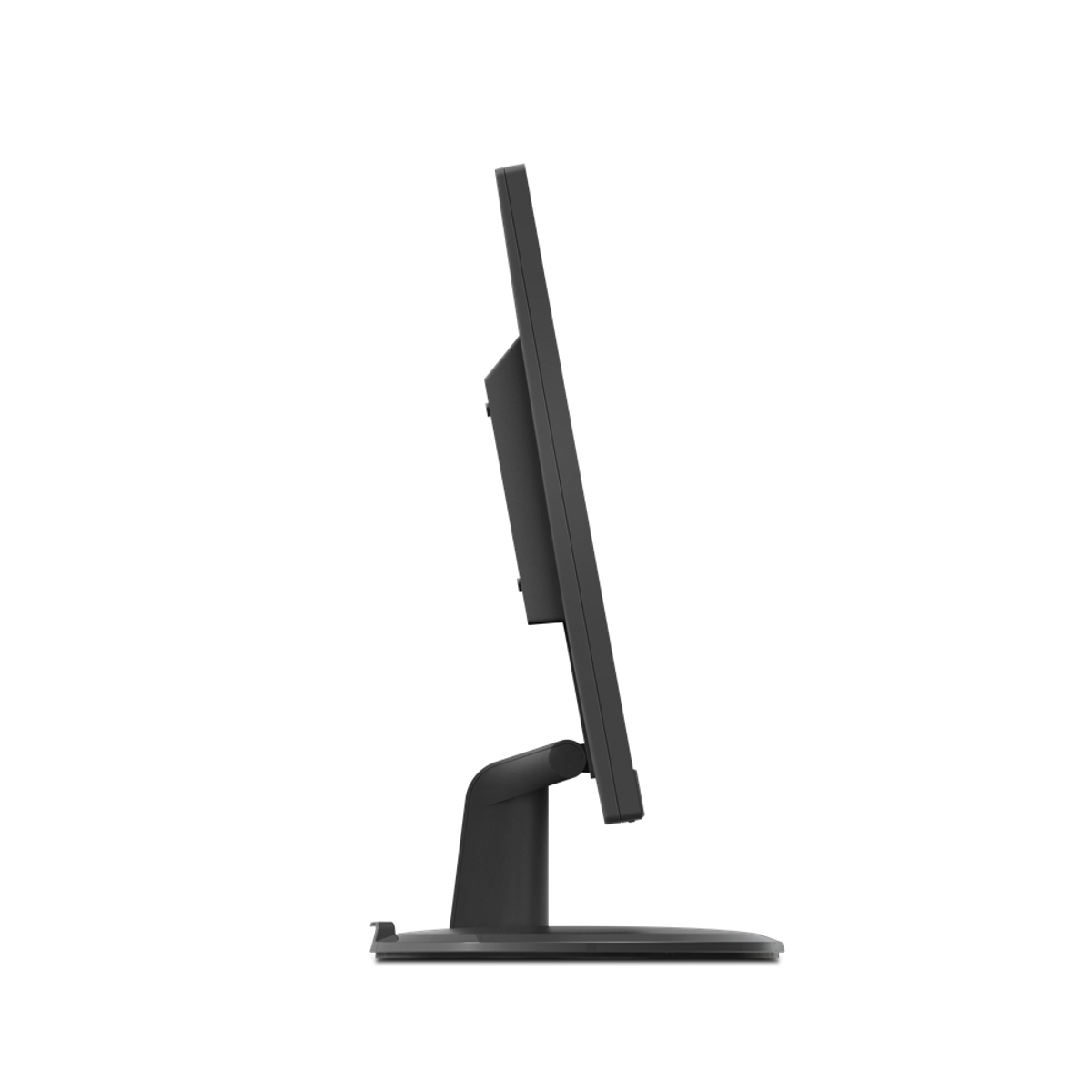 Una vista lateral de un monitor de ordenador negro. La pantalla es oscura y el soporte es negro.